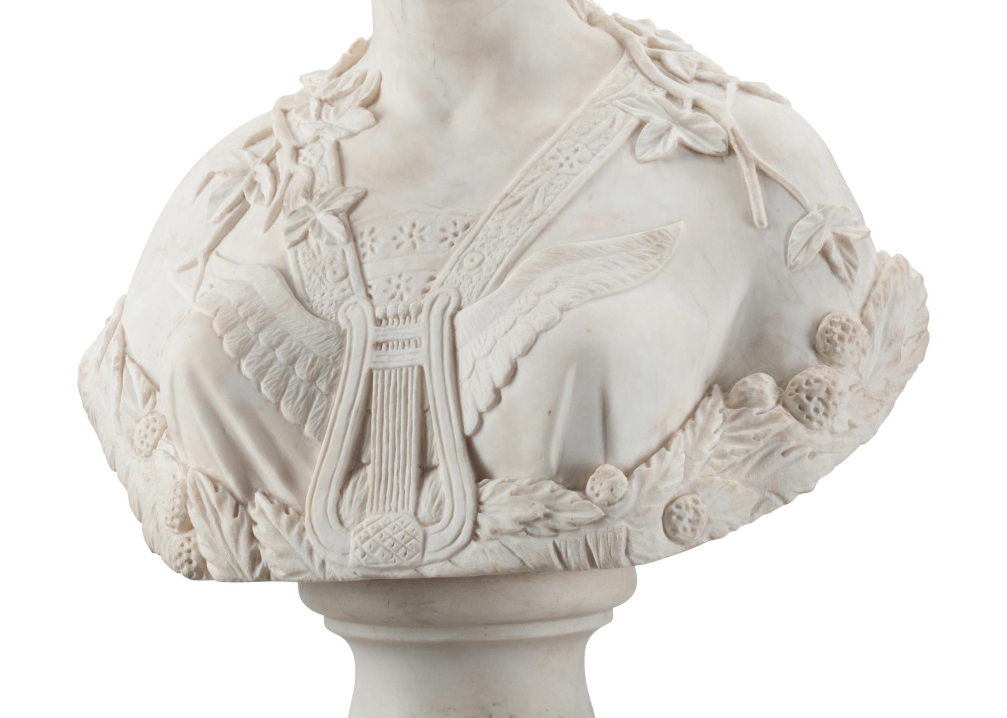 An Italian Marble Bust with an Associated Line-Inlaid Mahogany Pedestal
