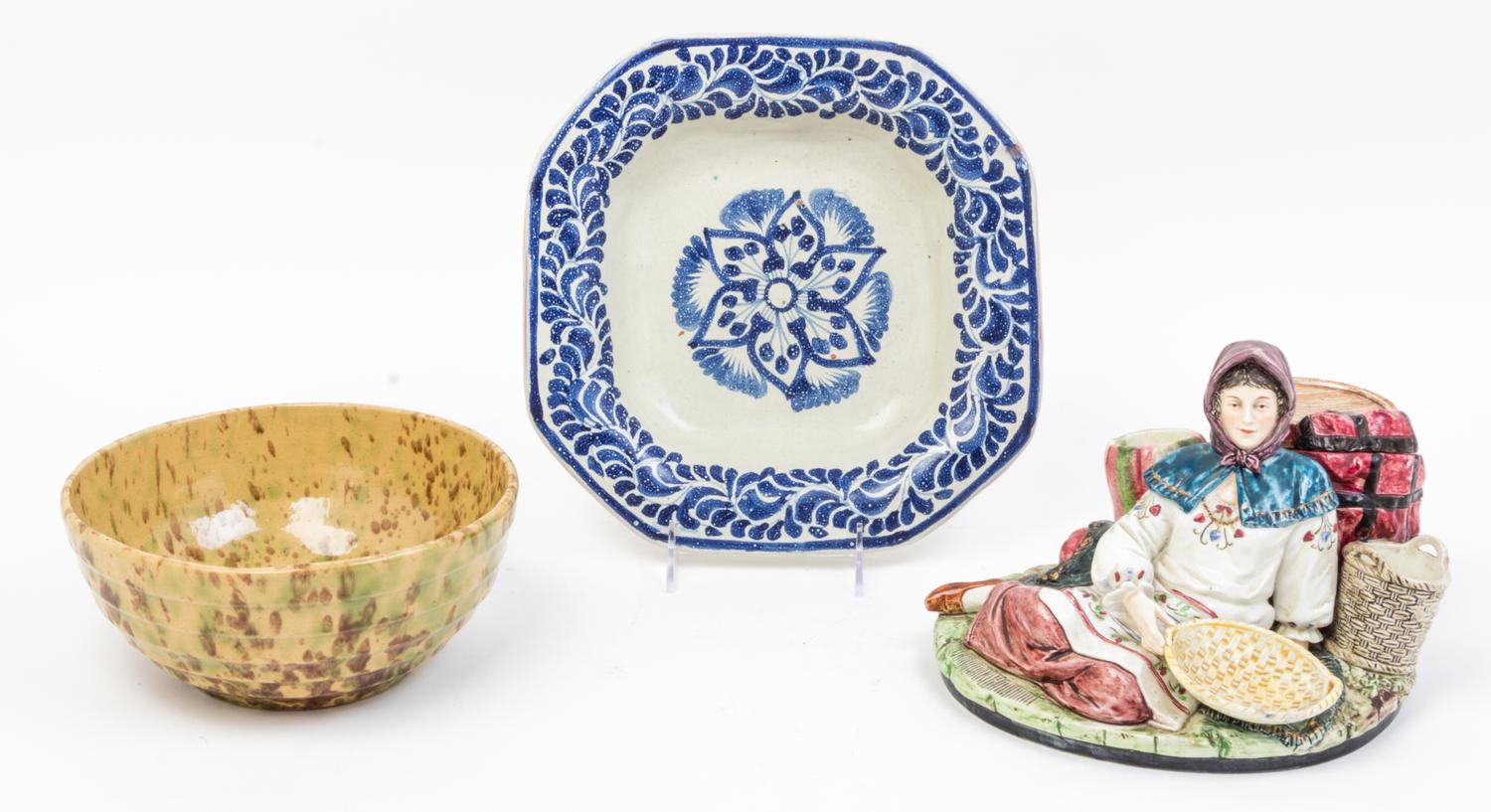 A Group of Three Ceramic Table Articles Width of first 10 1/4 inches.