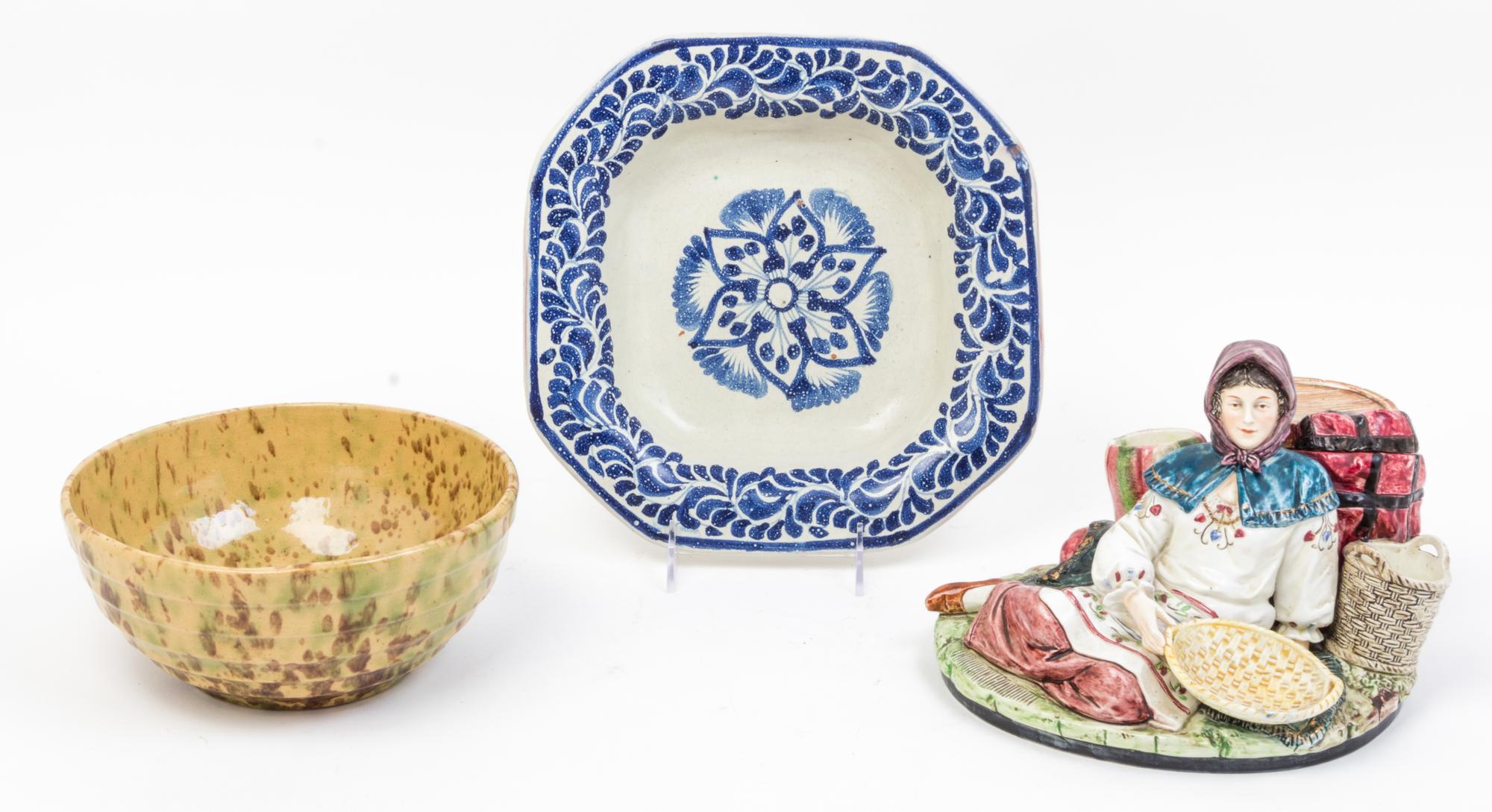 A Group of Three Ceramic Table Articles Width of first 10 1/4 inches.