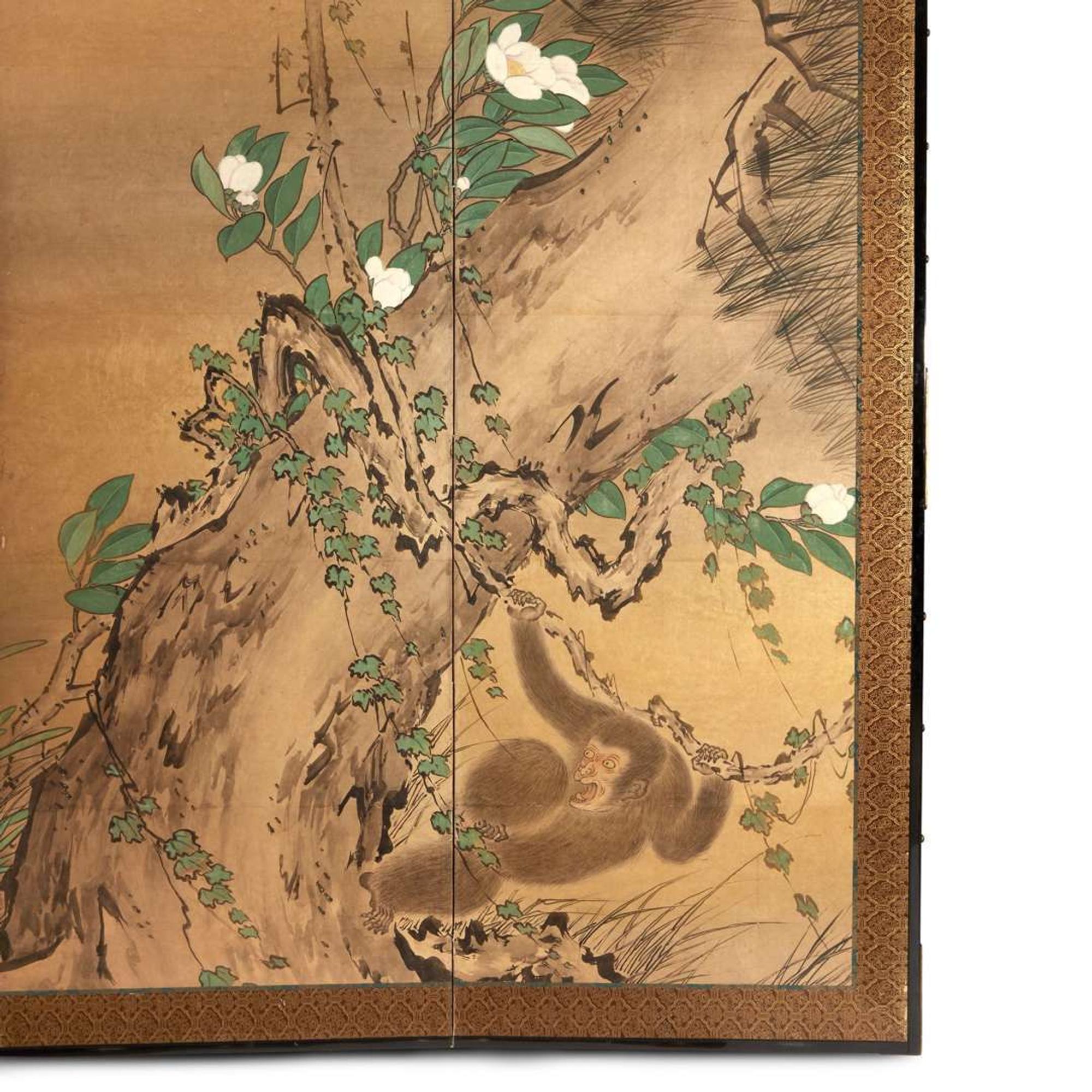 A Japanese six-panel "Eagle and Monkey" screen Edo-Meiji period