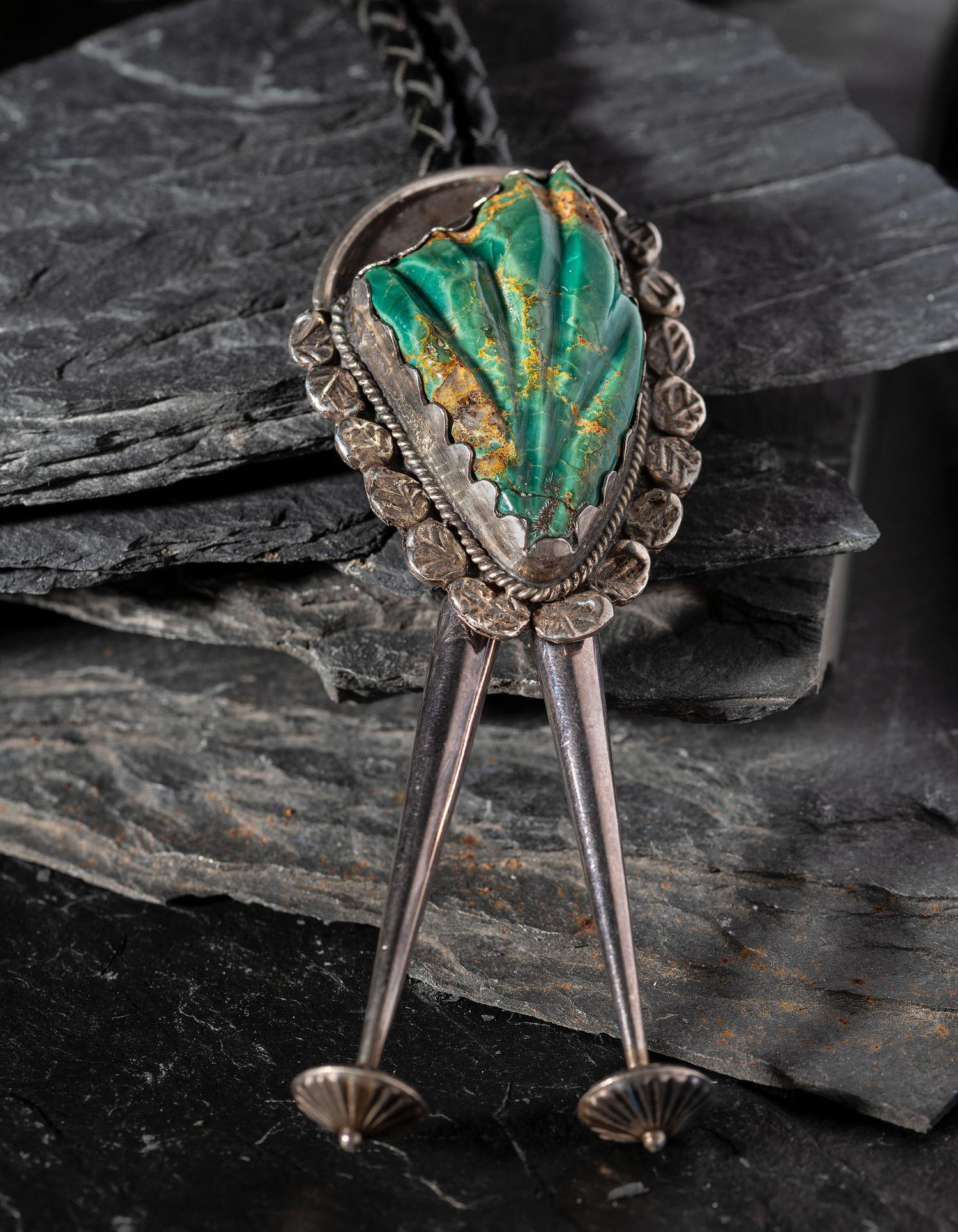 Silver and Carved Turquoise Leaf Bolo Tie