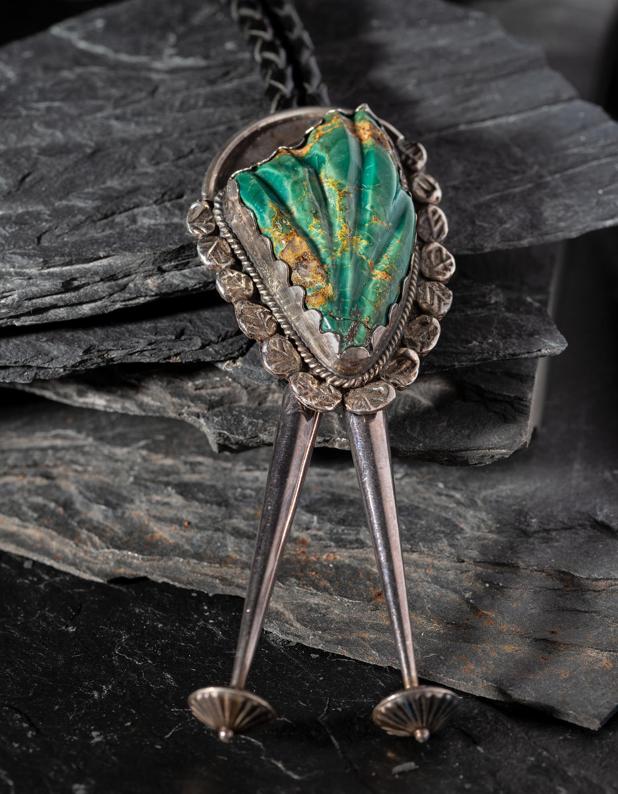 Silver and Carved Turquoise Leaf Bolo Tie