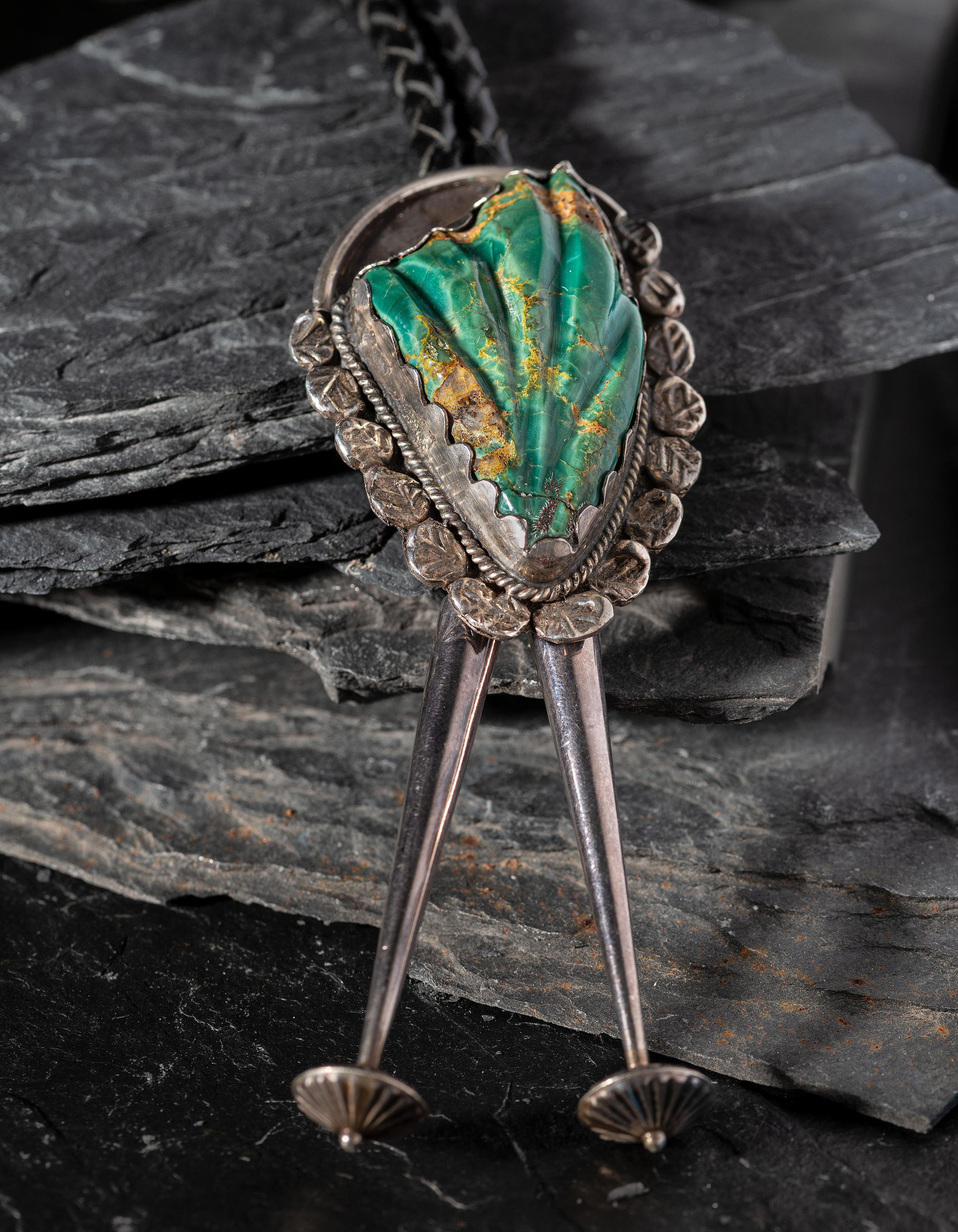 Silver and Carved Turquoise Leaf Bolo Tie