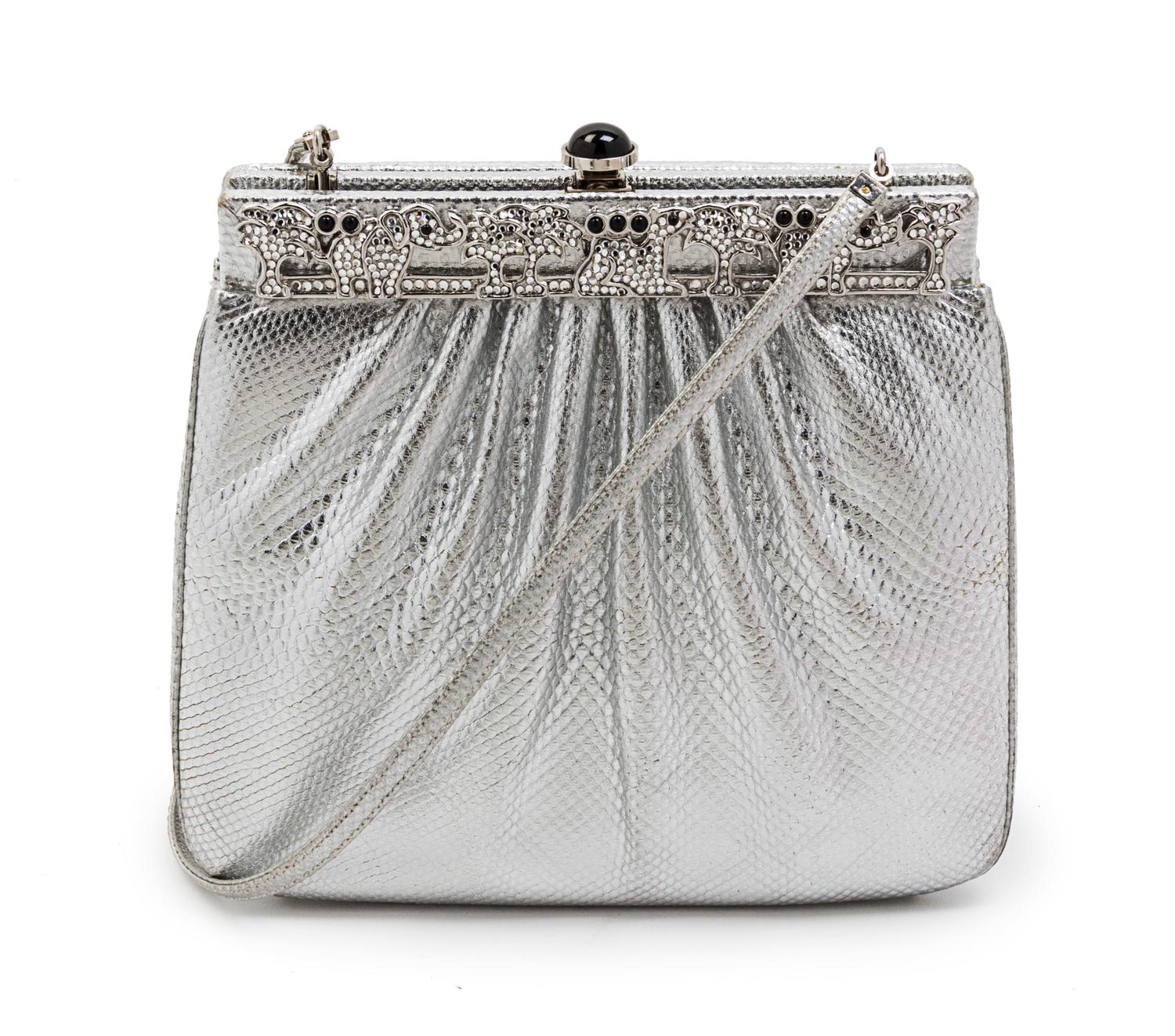 A Judith Leiber Silver Karung Snakeskin Bag, 7 x 6 x 2 1/2 inches.