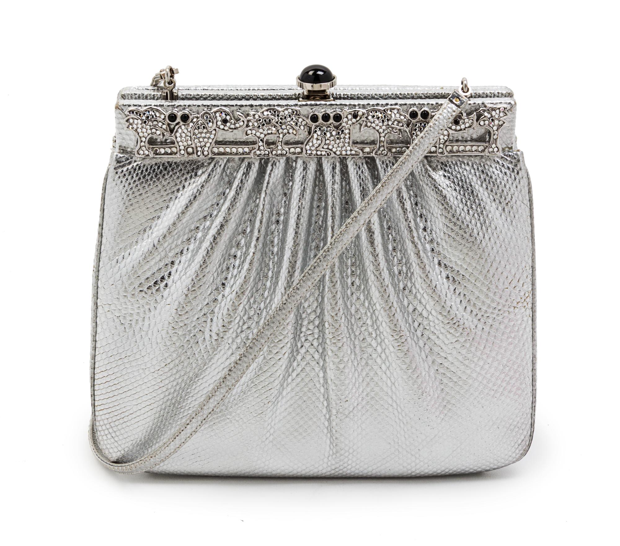 A Judith Leiber Silver Karung Snakeskin Bag, 7 x 6 x 2 1/2 inches.