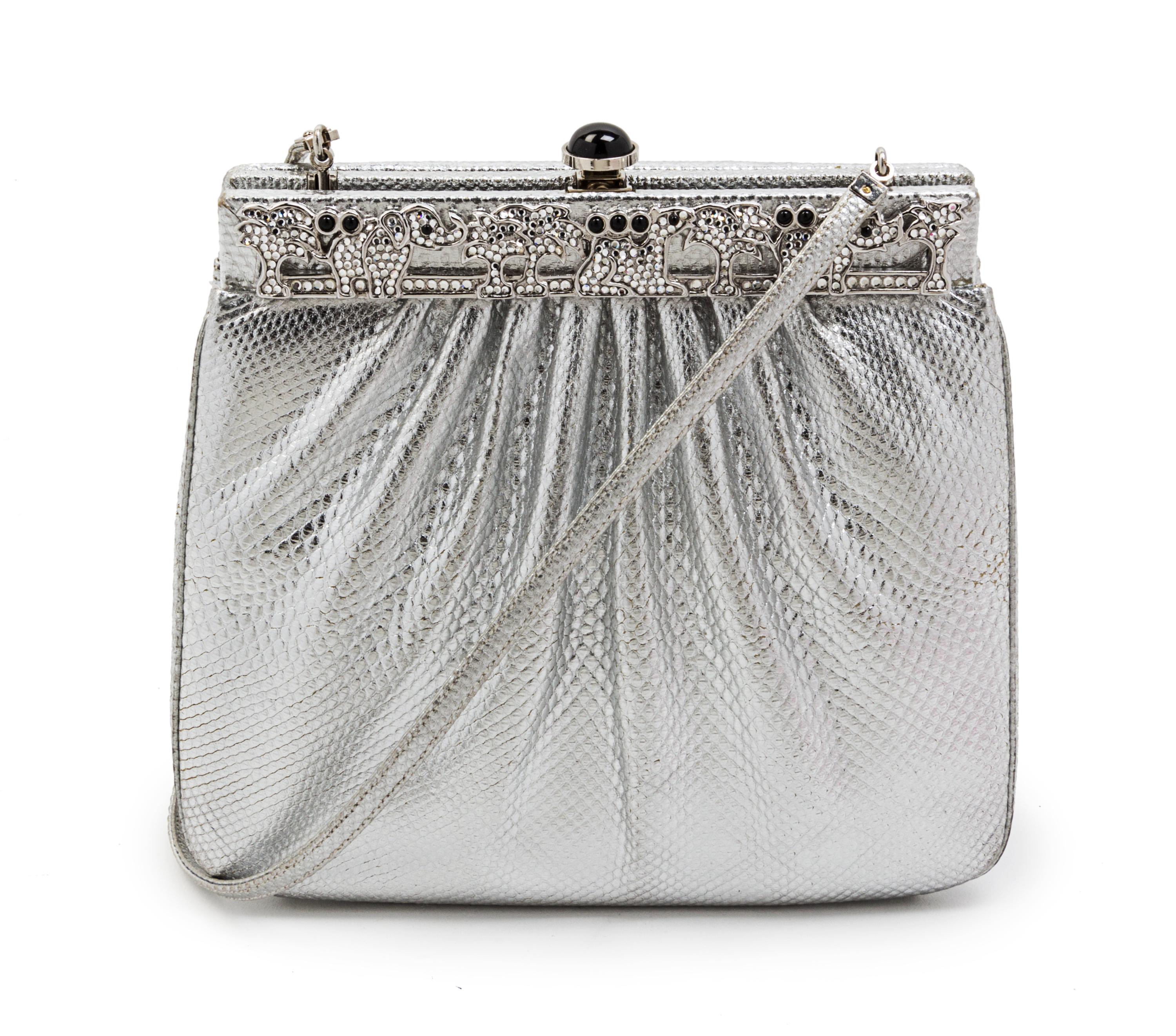 A Judith Leiber Silver Karung Snakeskin Bag, 7 x 6 x 2 1/2 inches.