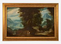 Circle of Abraham Govaerts (Flemish, 1589–1626) - A Mountainous Wooded Landscape with a Rider and Travelers on a Path by a Watermill