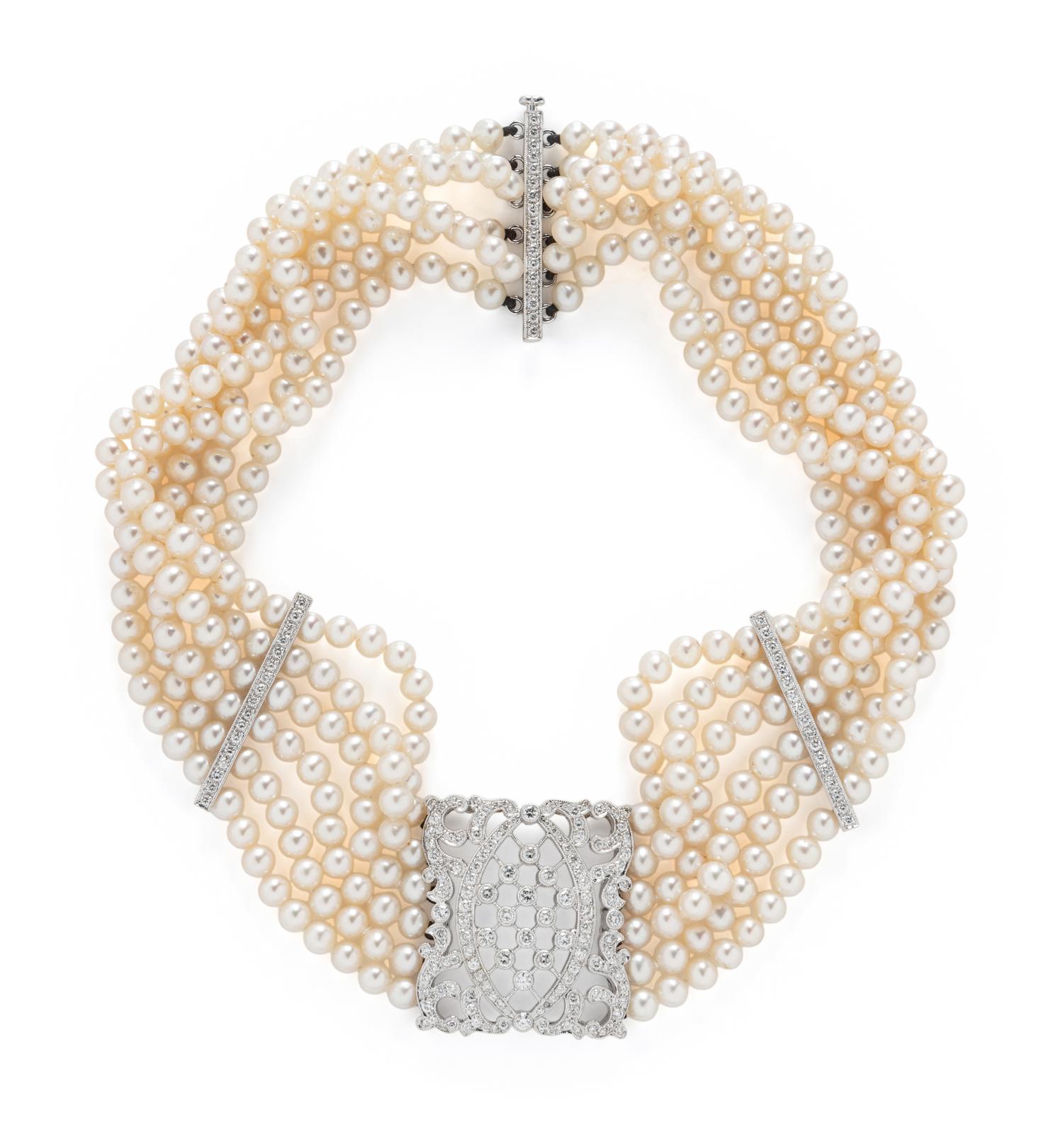 MULTISTRAND CULTURED PEARL AND DIAMOND CHOKER