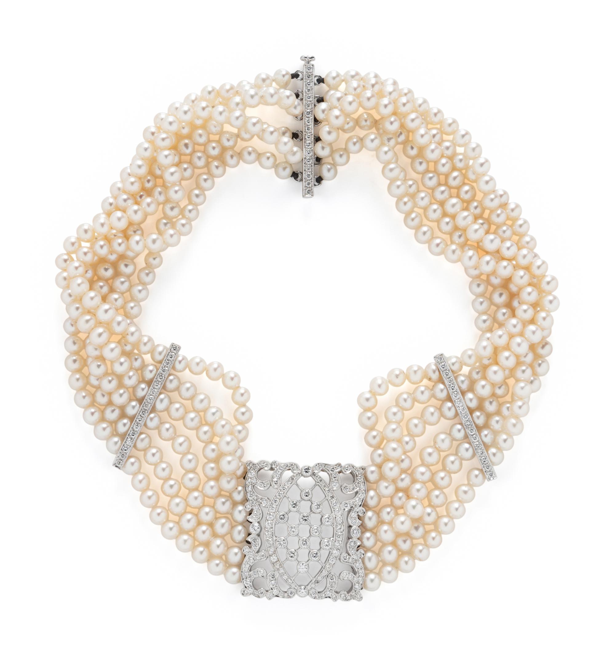 MULTISTRAND CULTURED PEARL AND DIAMOND CHOKER