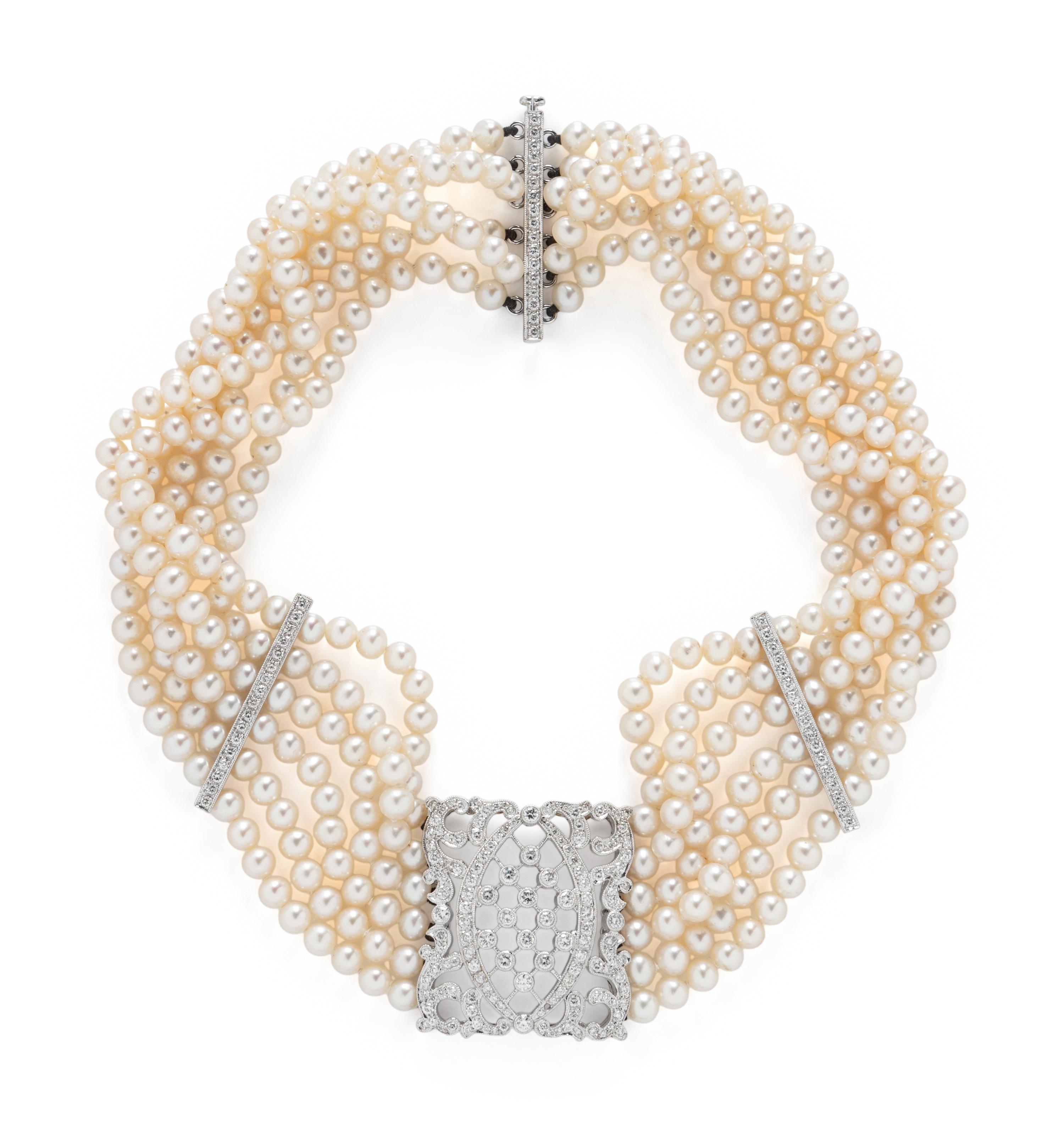 MULTISTRAND CULTURED PEARL AND DIAMOND CHOKER