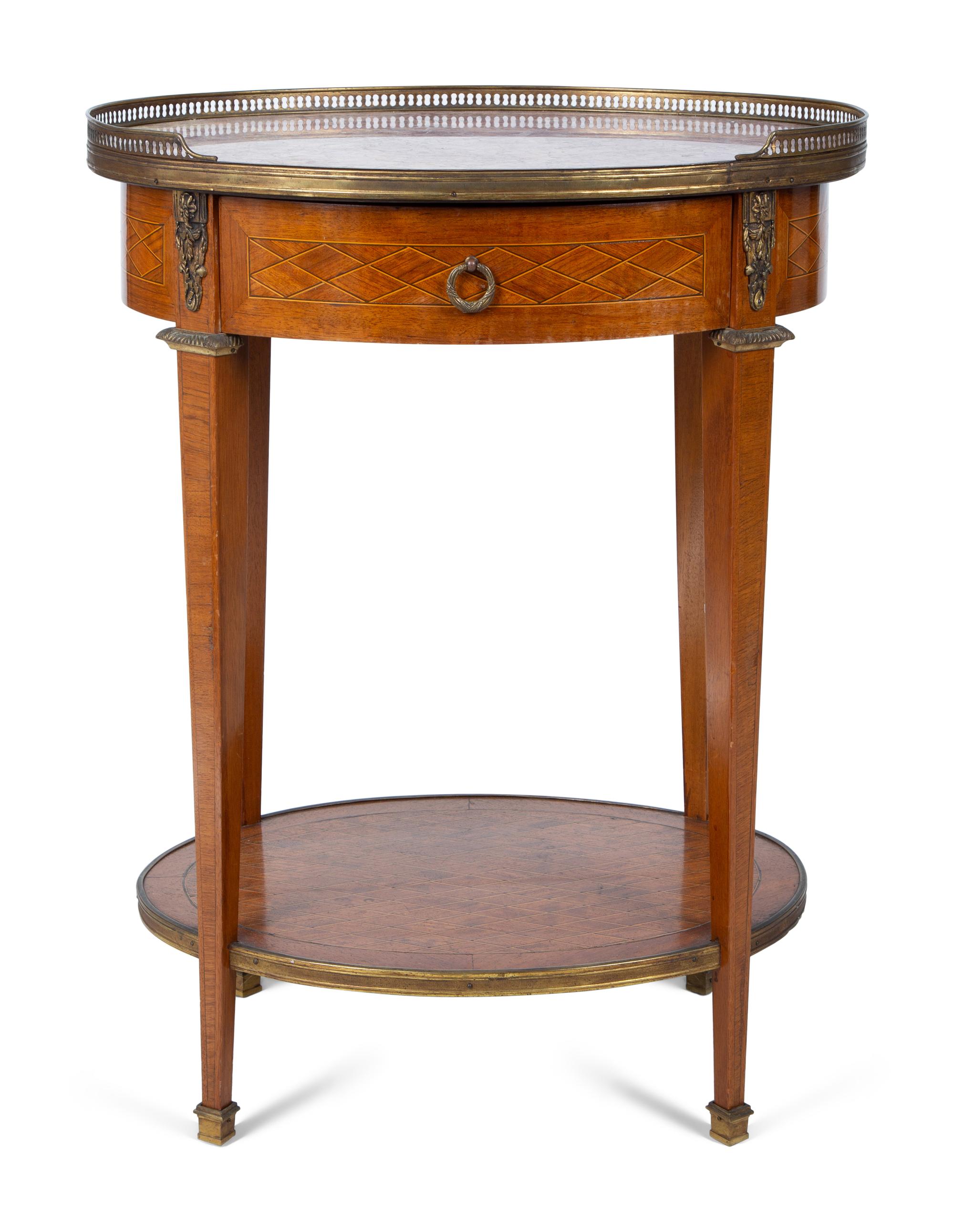 A Louis XVI Style Gilt Bronze Mounted Parquetry Marble-Top Side Table Attributed to Grosfeld House