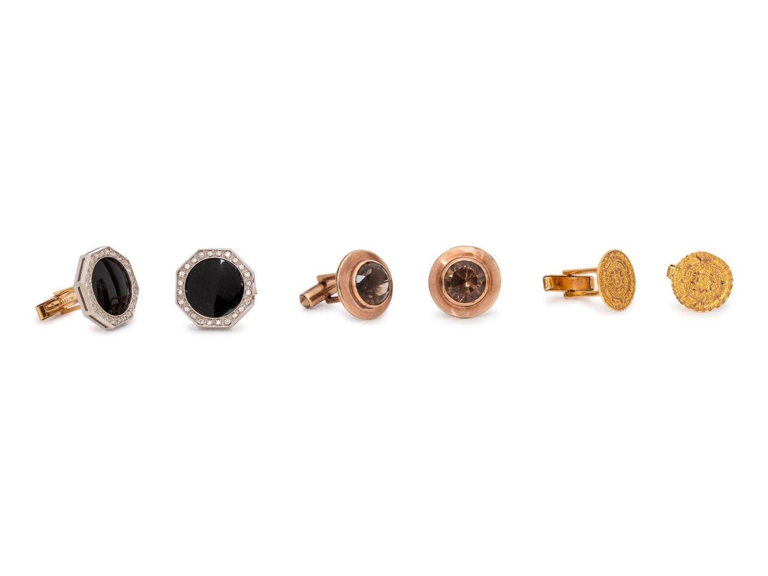 A Collection of 14 Karat Yellow Gold and Multigem Cufflinks,