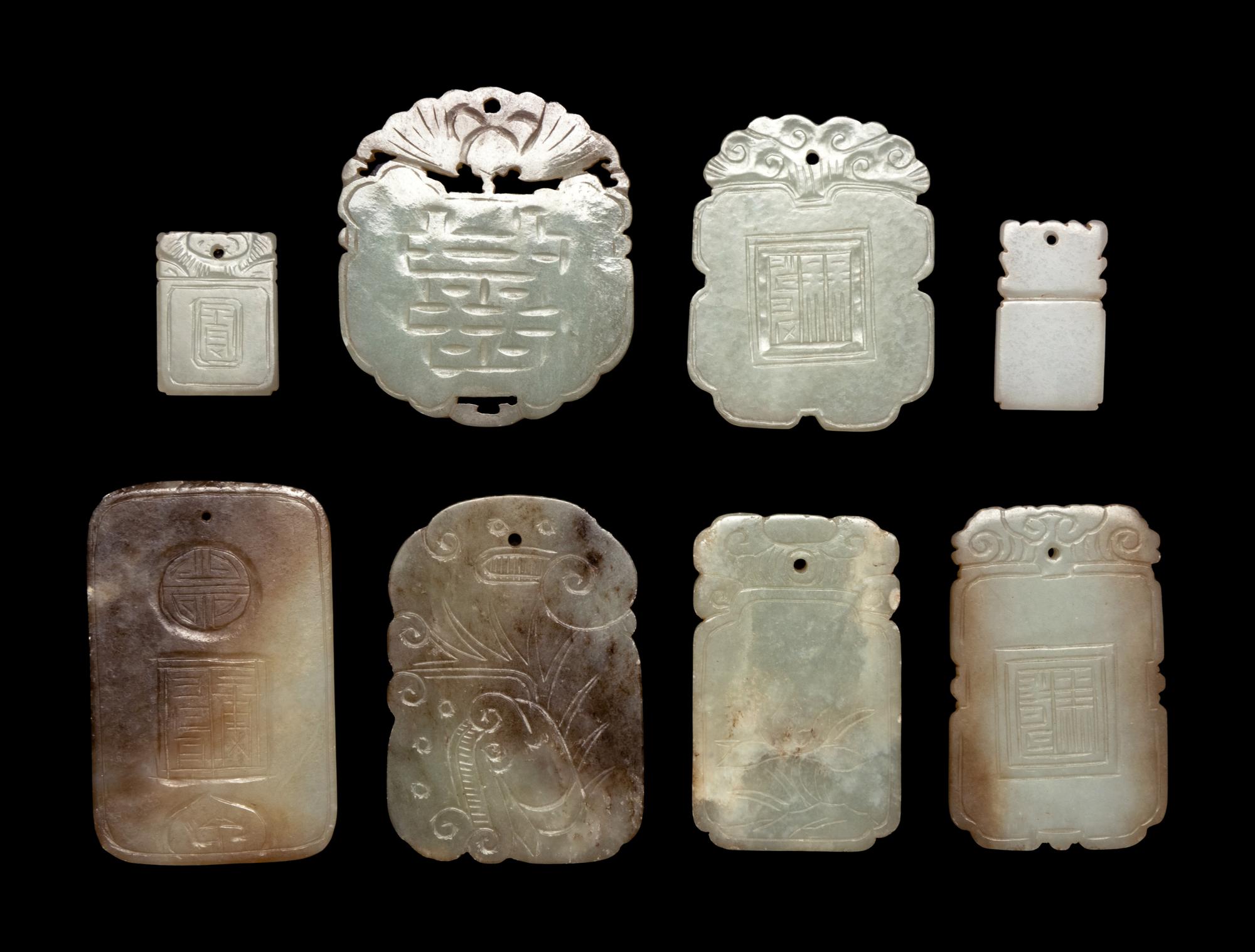 Eight Chinese Celadon Jade Carved Plaques