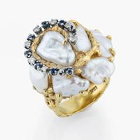 An 18K yellow gold, baroque cultured pearl, diamond, and sapphire ring
