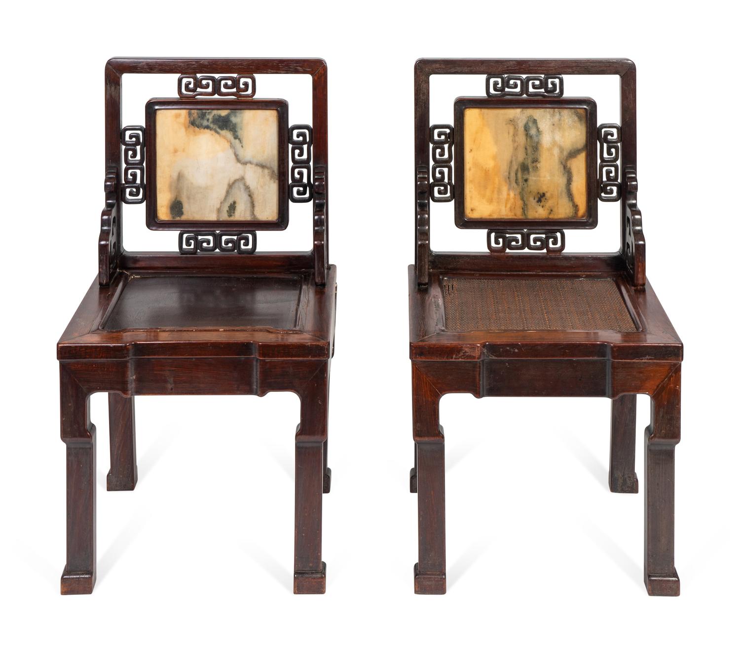 A Near Pair of Chinese Marble-Inset Hardwood Chairs — 19TH CENTURY
