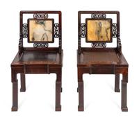 A Near Pair of Chinese Marble-Inset Hardwood Chairs — 19TH CENTURY