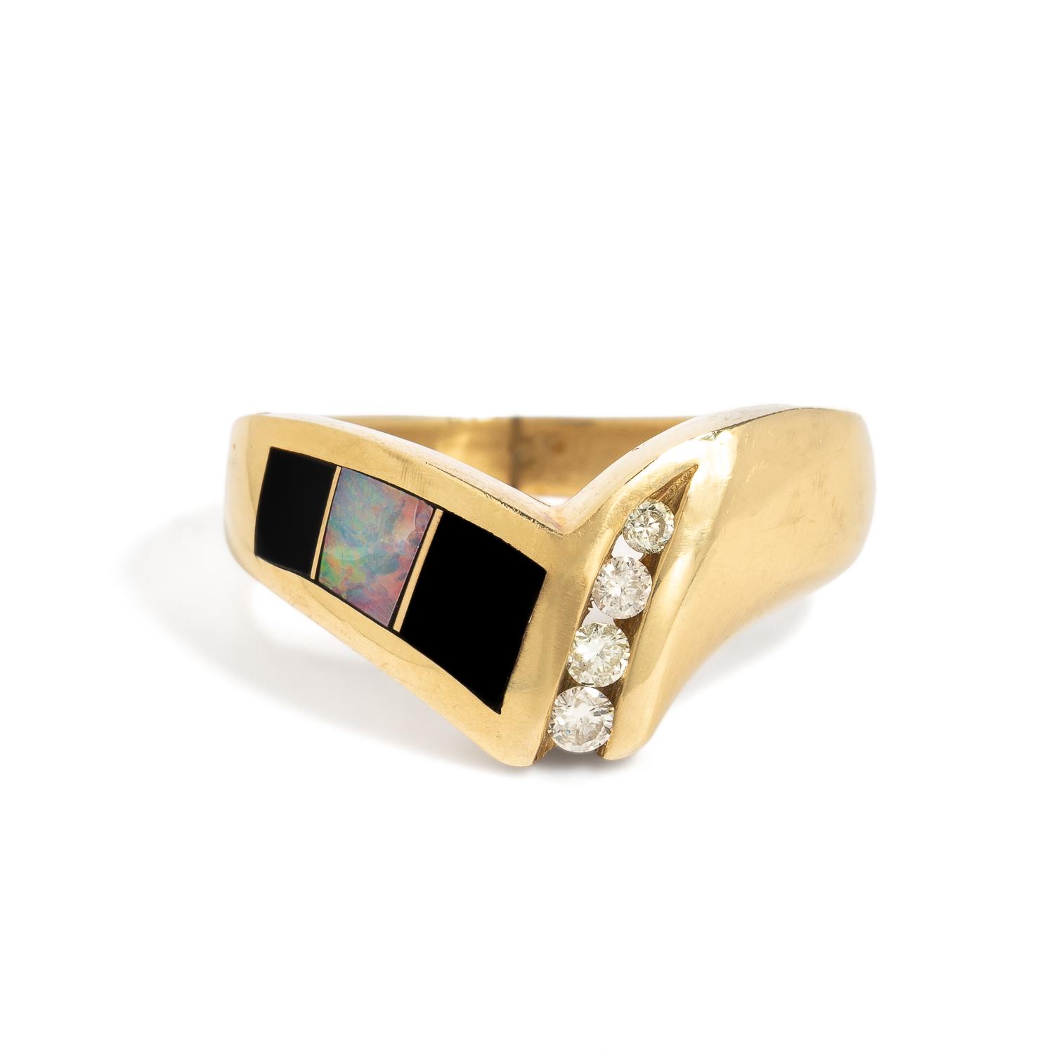 YELLOW GOLD, DIAMOND, ONYX, AND OPAL RING