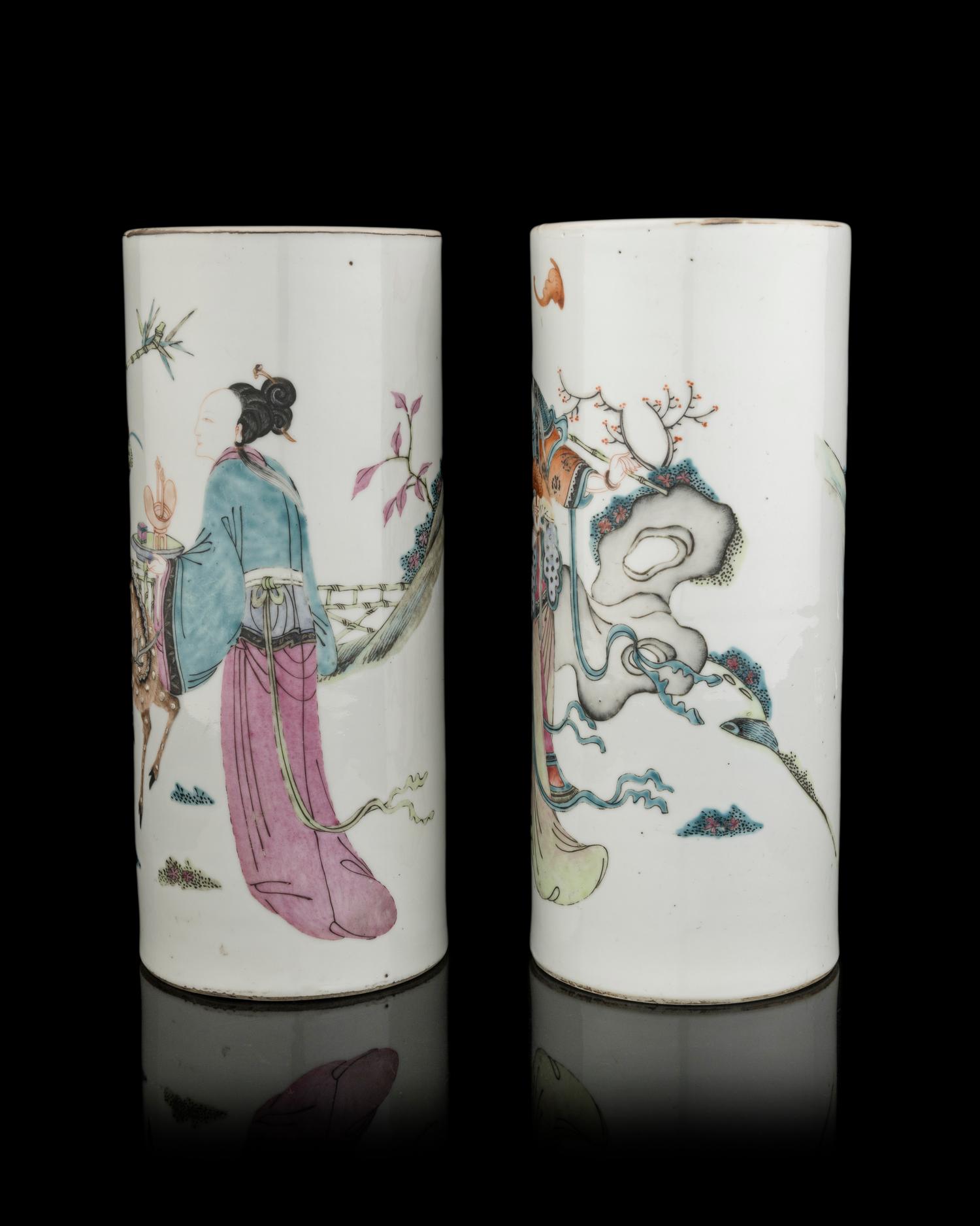 A Pair of Chinese Famille Rose Porcelain 'Magu' Hat Stands