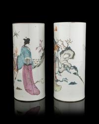 A Pair of Chinese Famille Rose Porcelain 'Magu' Hat Stands