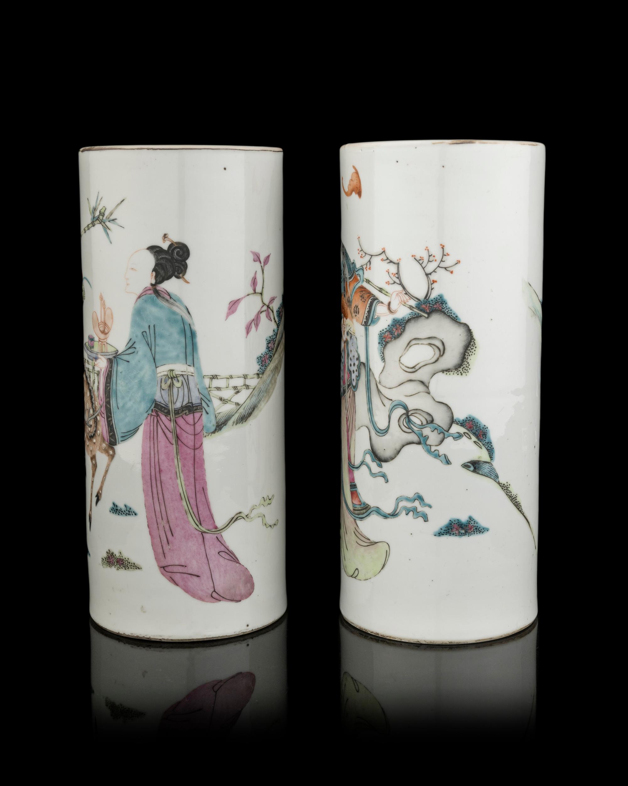 A Pair of Chinese Famille Rose Porcelain 'Magu' Hat Stands