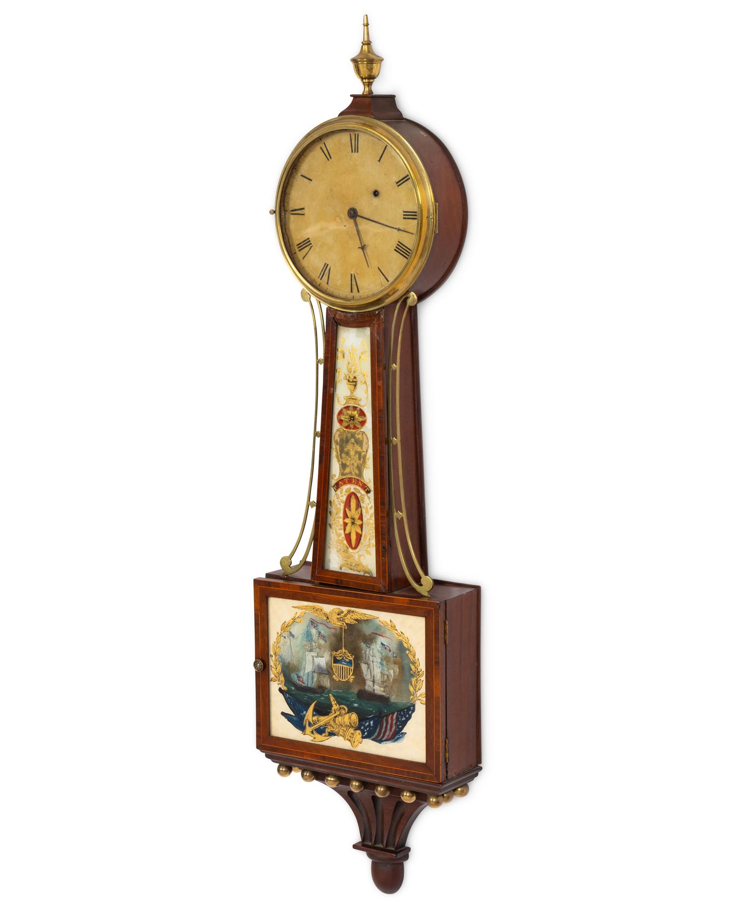 A Federal Style Mahogany and Verre Eglomise Banjo Clock