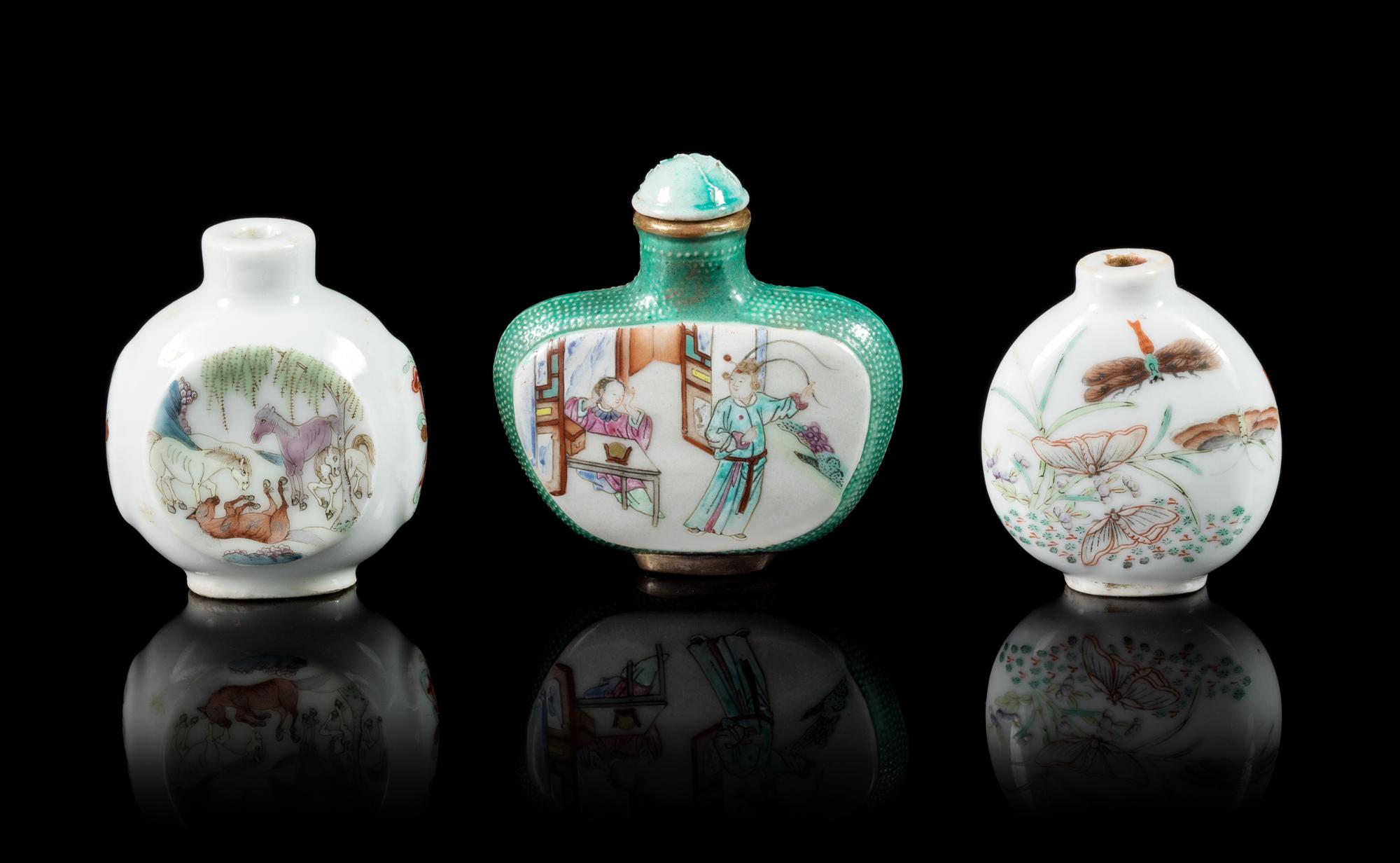 Three Famille Rose Porcelain Snuff Bottles Height of tallest overall 2 1/2 inches. — 19TH CENTURY