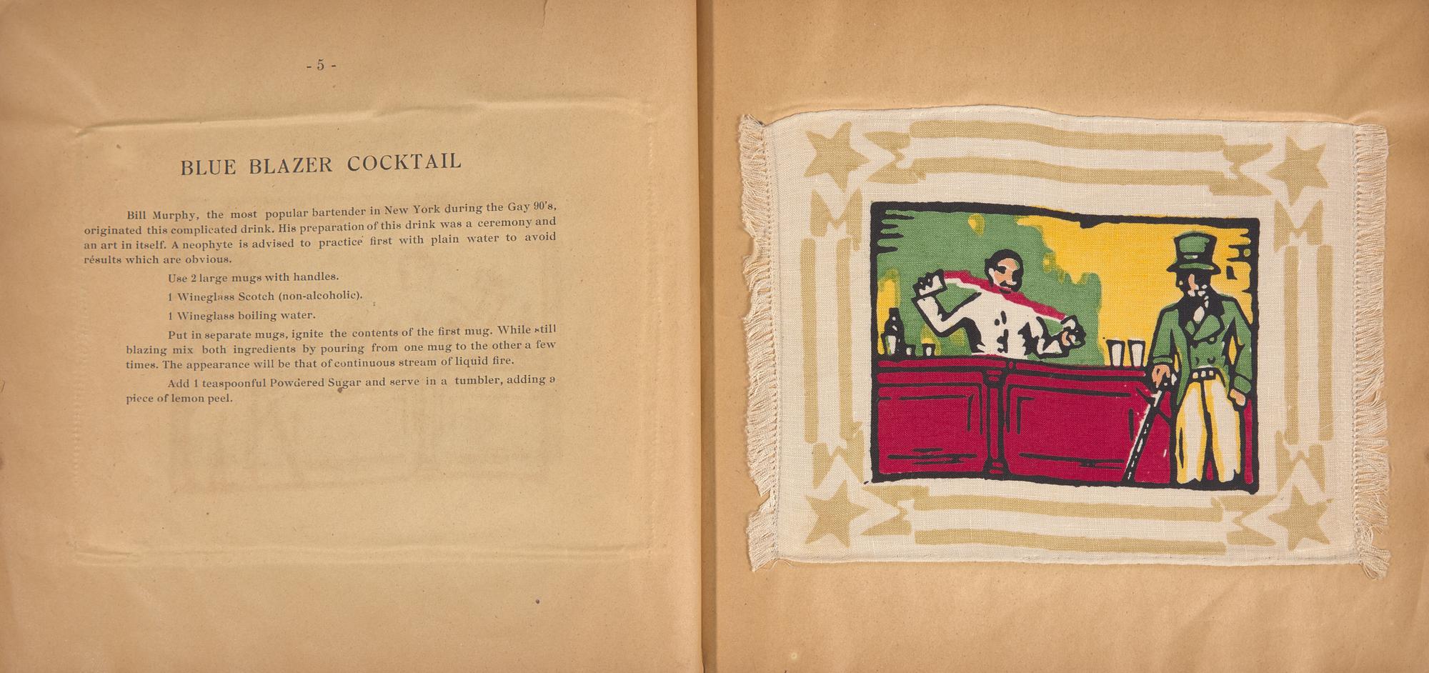 [Americana] [Prohibition] Americana Eight Cocktail Napkins Hand Blocked with Recipes and the Histories of Eight Famous Drinks