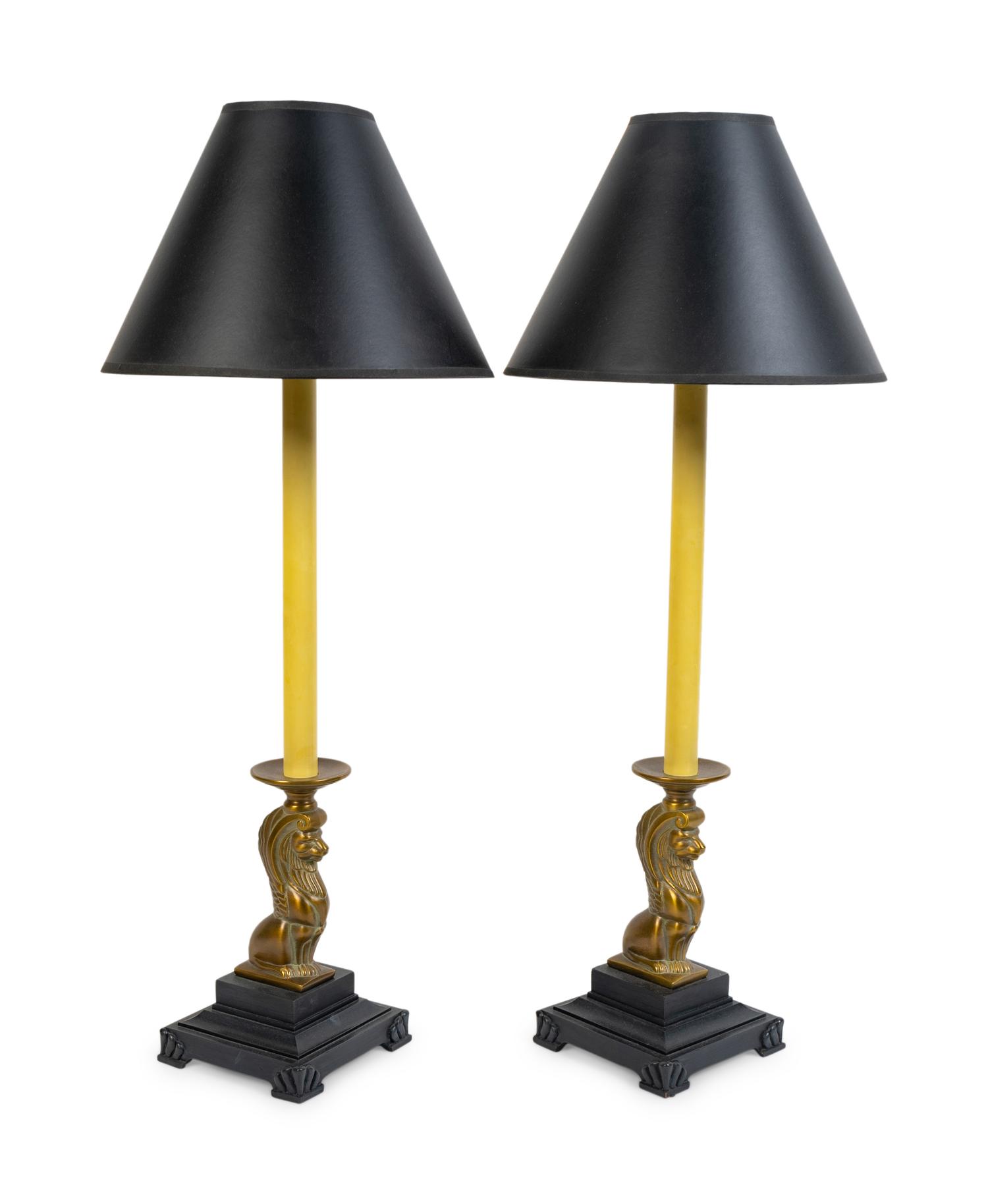 A Pair of Brass Lion-Form Candlestick Lamps