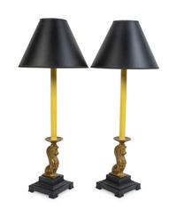 A Pair of Brass Lion-Form Candlestick Lamps