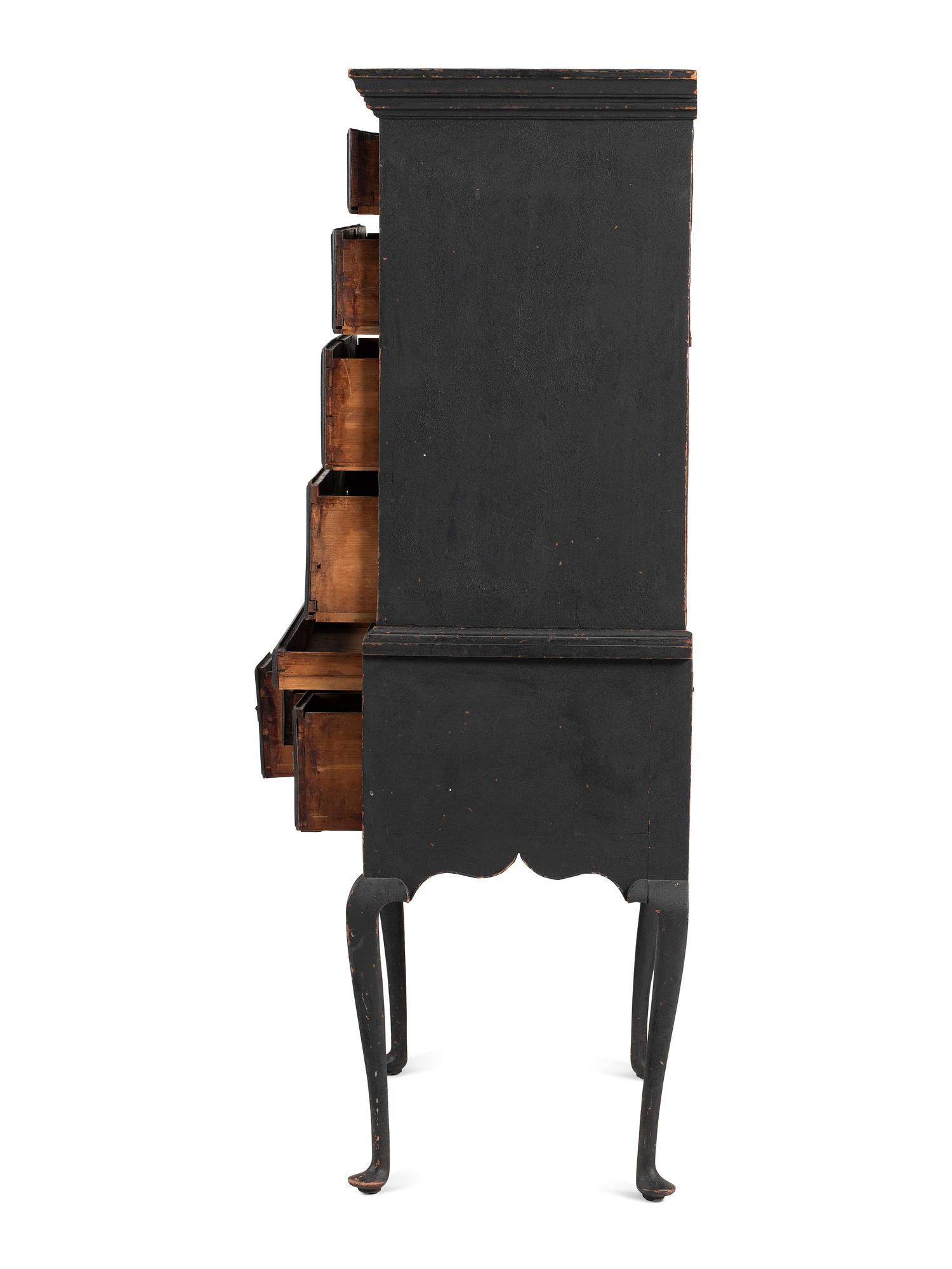 A Queen Anne Black Painted Maple Flat-Top High Chest