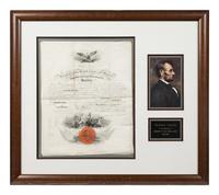 LINCOLN, Abraham. Partially-engraved document signed ("Abraham Lincoln") as President, countersigned by Secretary of the navy Gideon Welles, 21 April 1864.