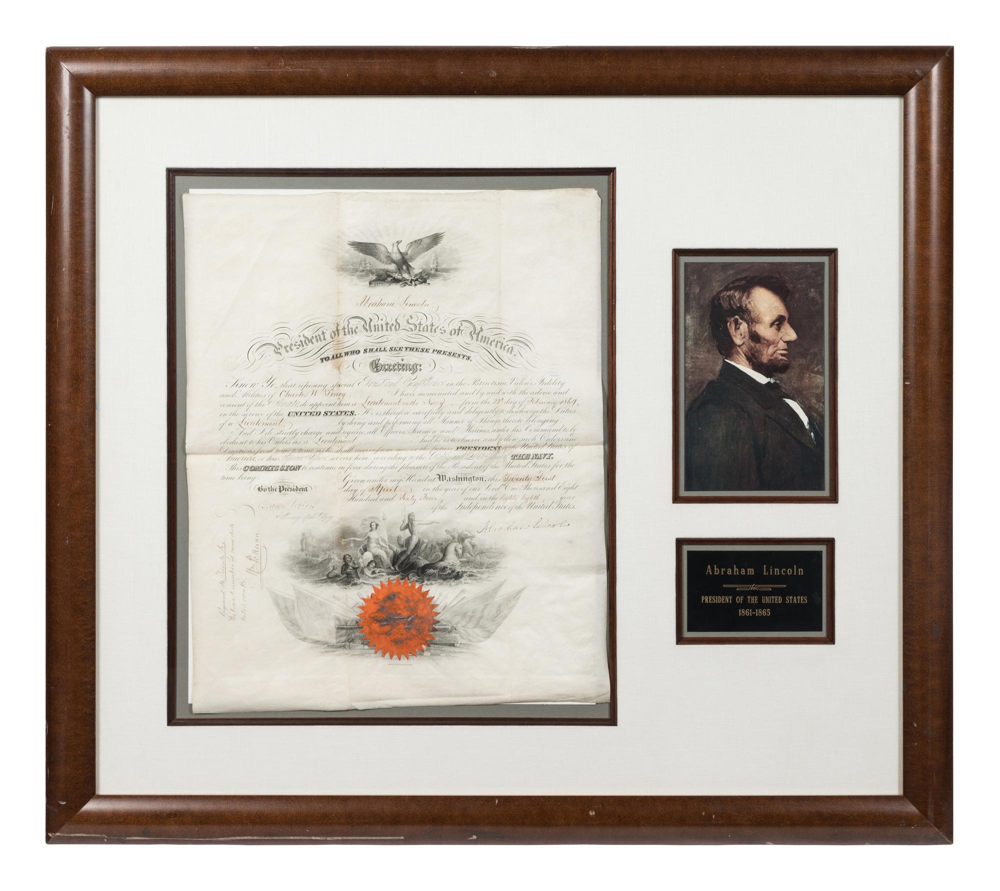 LINCOLN, Abraham. Partially-engraved document signed ("Abraham Lincoln") as President, countersigned by Secretary of the navy Gideon Welles, 21 April 1864.