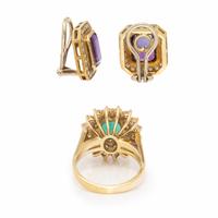 Yellow Gold and Multigem Earrings and Ring