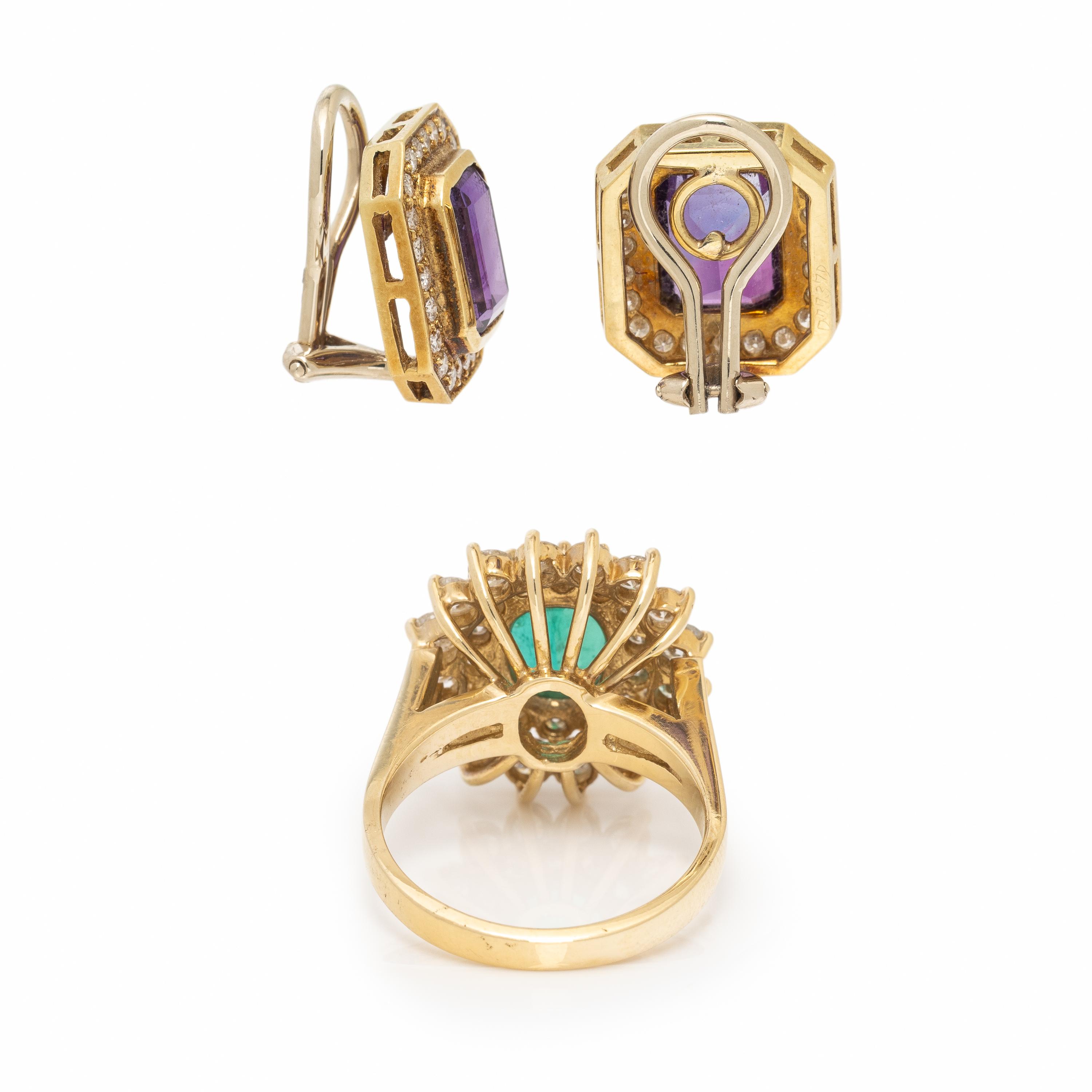 Yellow Gold and Multigem Earrings and Ring