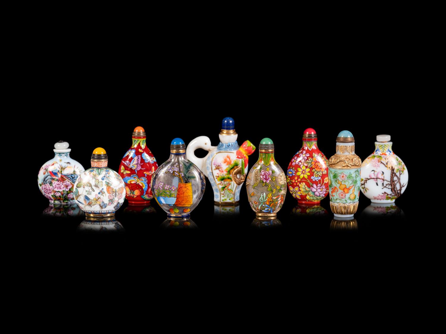 Nine Chinese Painted Glass Snuff Bottles