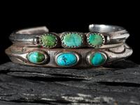 Pair of Slender Navajo Silver and Turquoise Cuff Bracelets