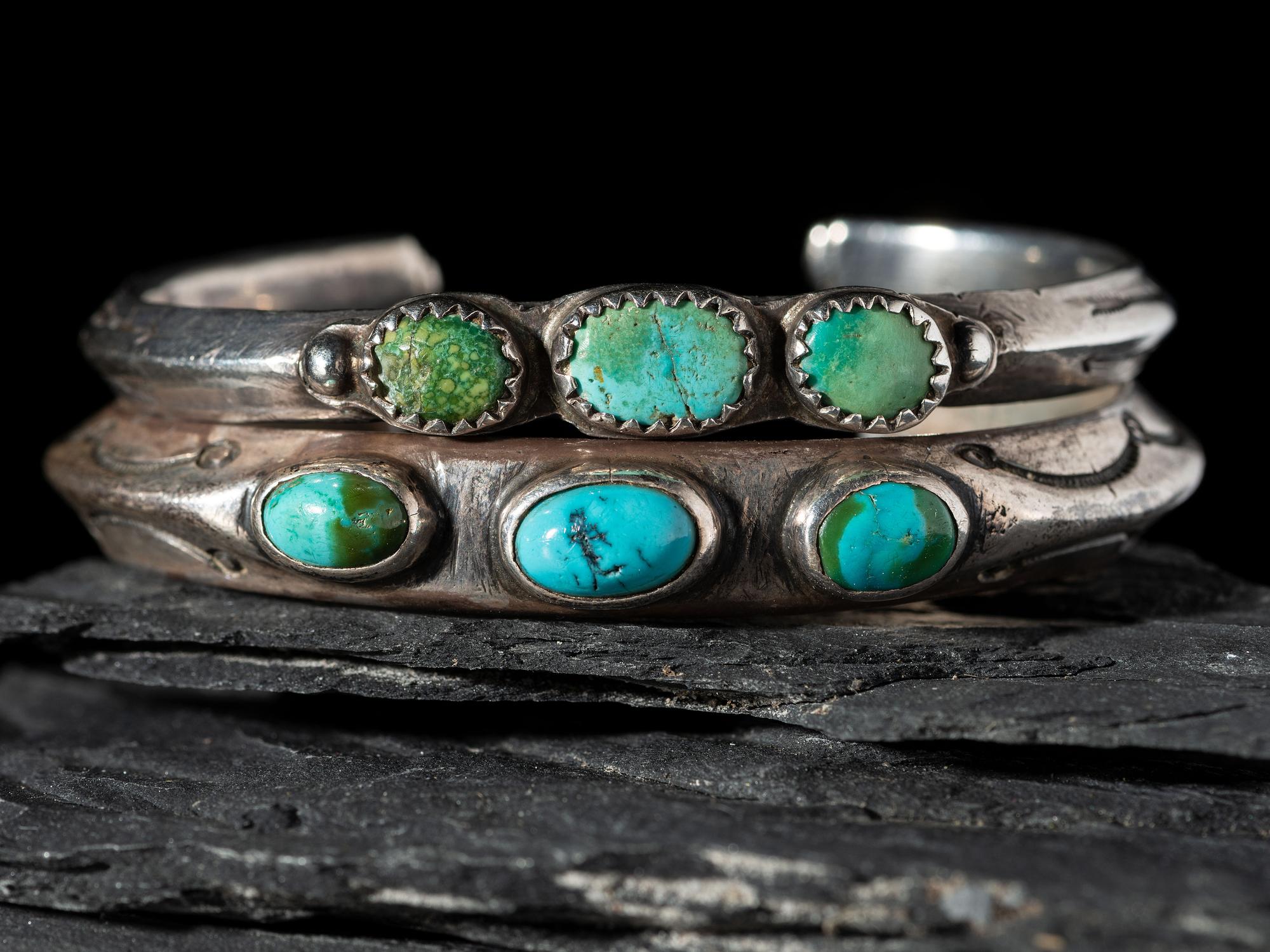 Pair of Slender Navajo Silver and Turquoise Cuff Bracelets