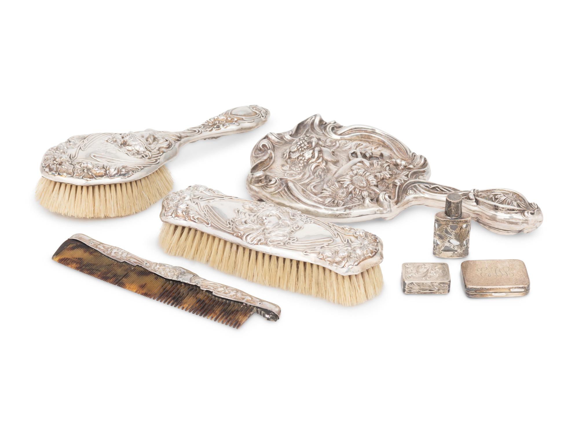 A Group of Seventeen Silver Art Nouveau Women's Dresser Articles