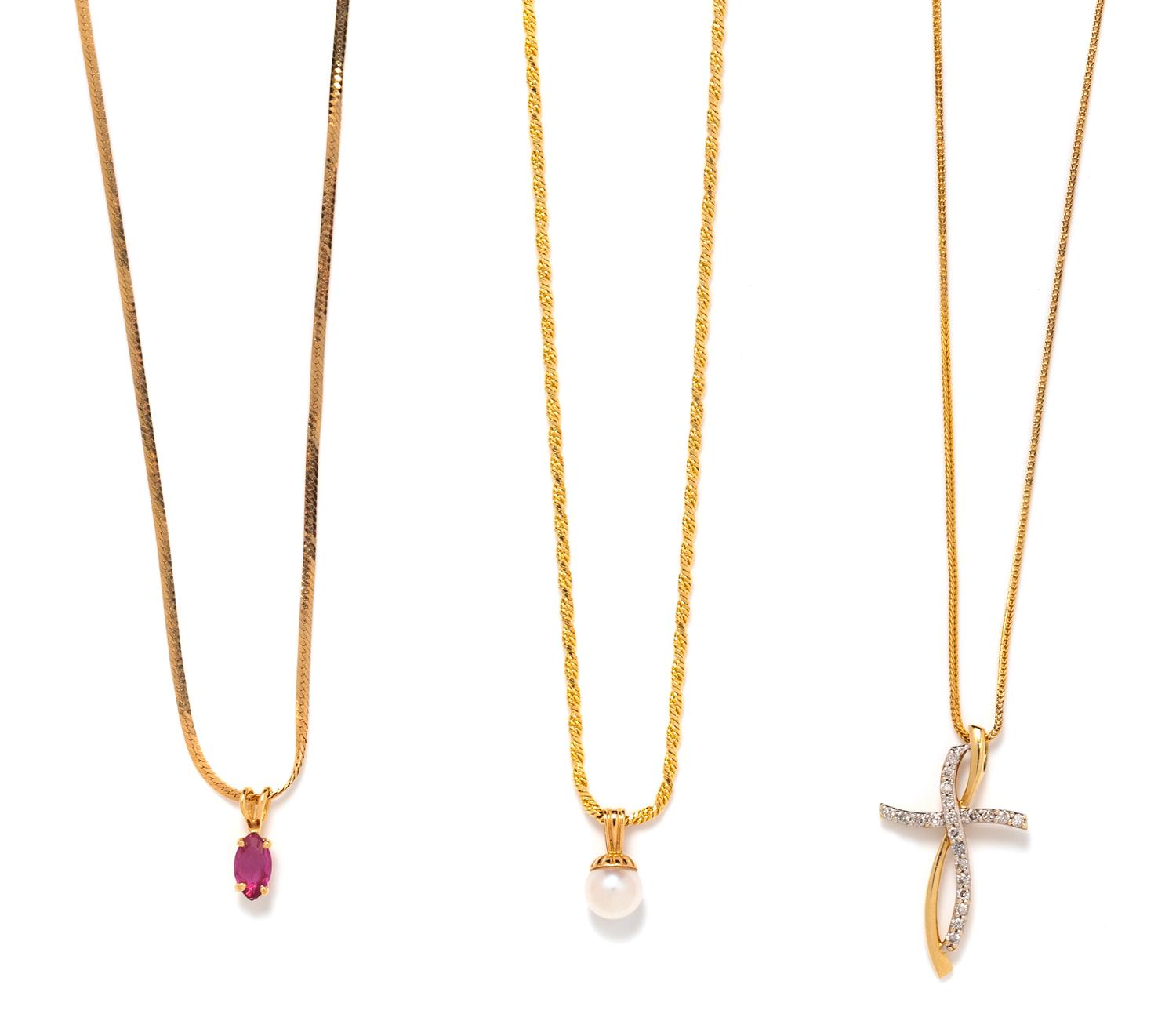 A Collection of Yellow Gold Pendant/Necklaces,