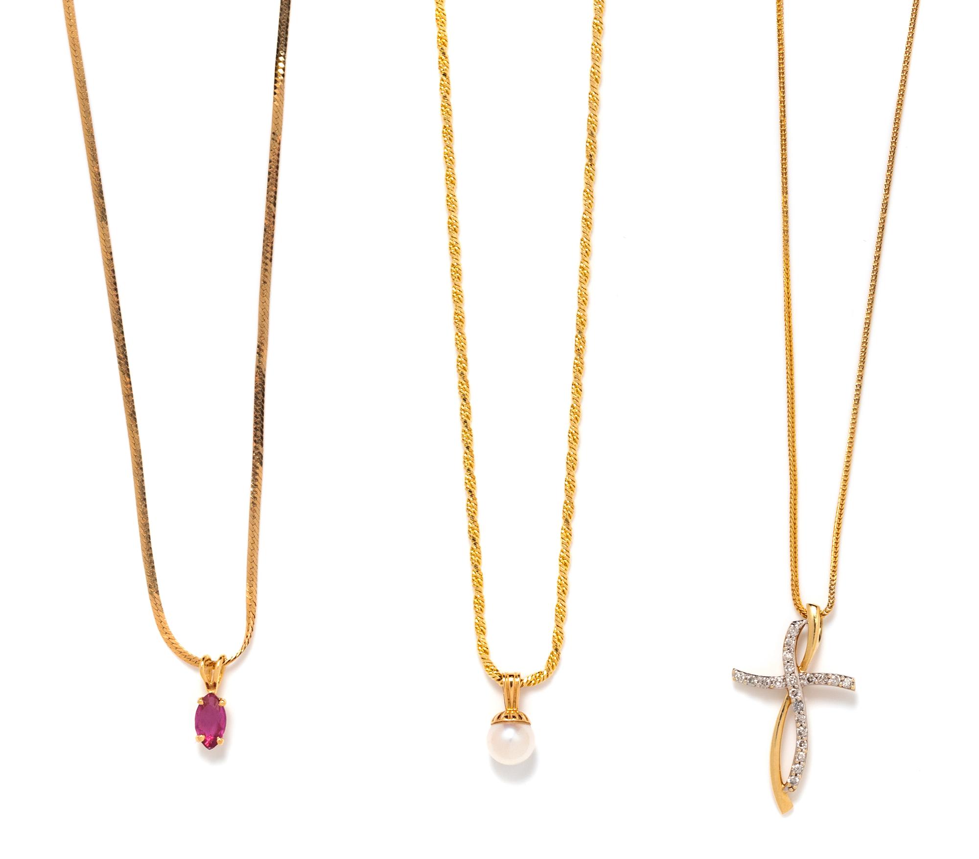 A Collection of Yellow Gold Pendant/Necklaces,