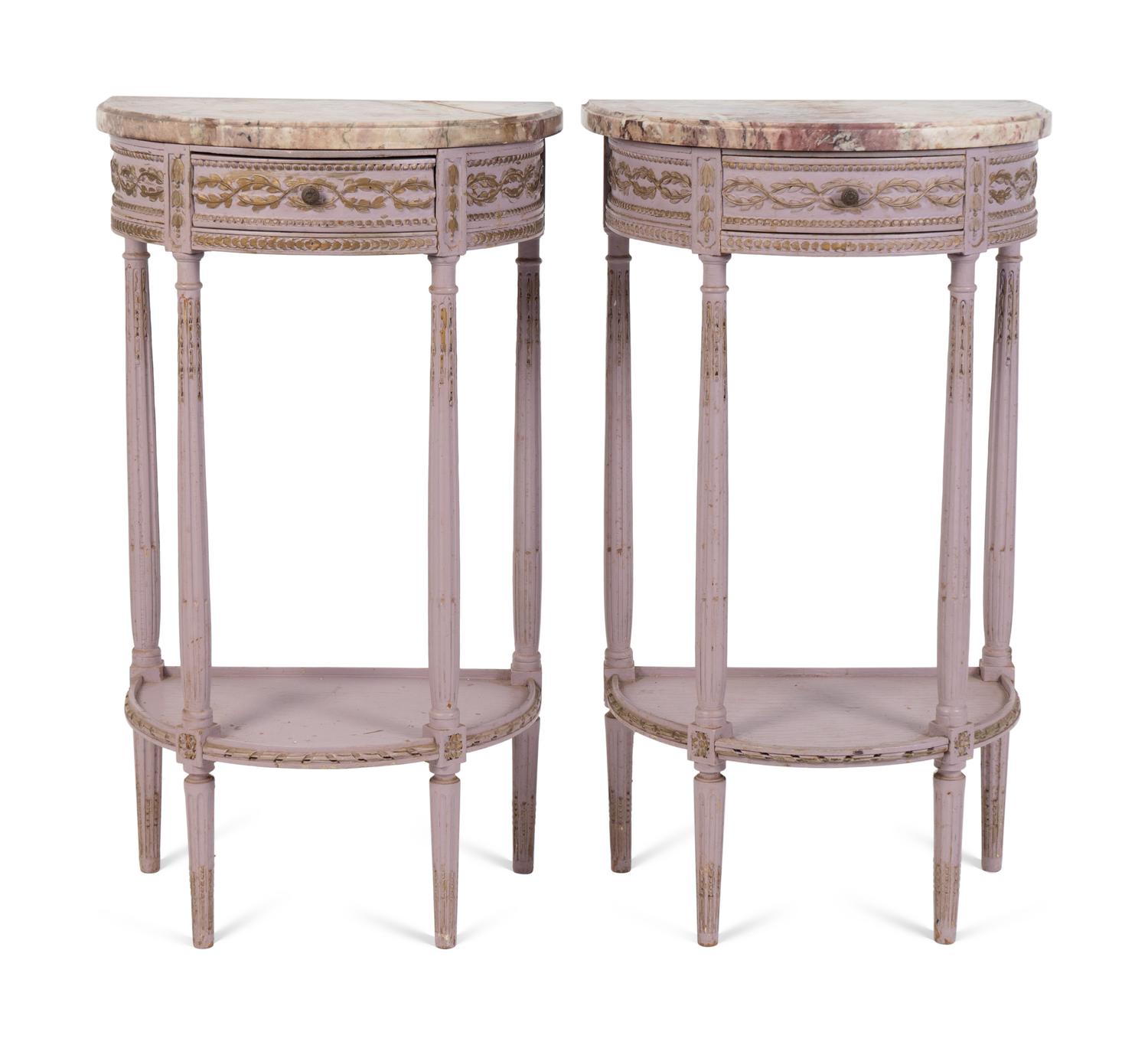 A Pair of Louis XV Style Painted Demi-lune Marble Top Console Tables — 20TH CENTURY