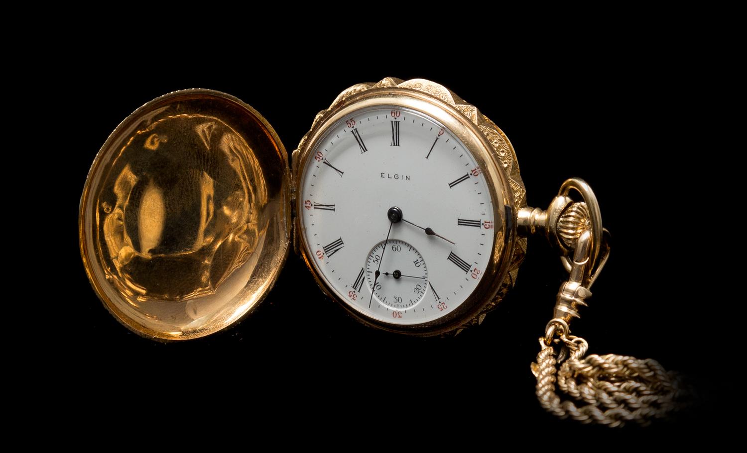 A 14 Karat Tricolor Gold Hunter Case Pocket Watch and Longchain, Elgin, Circa 1908,