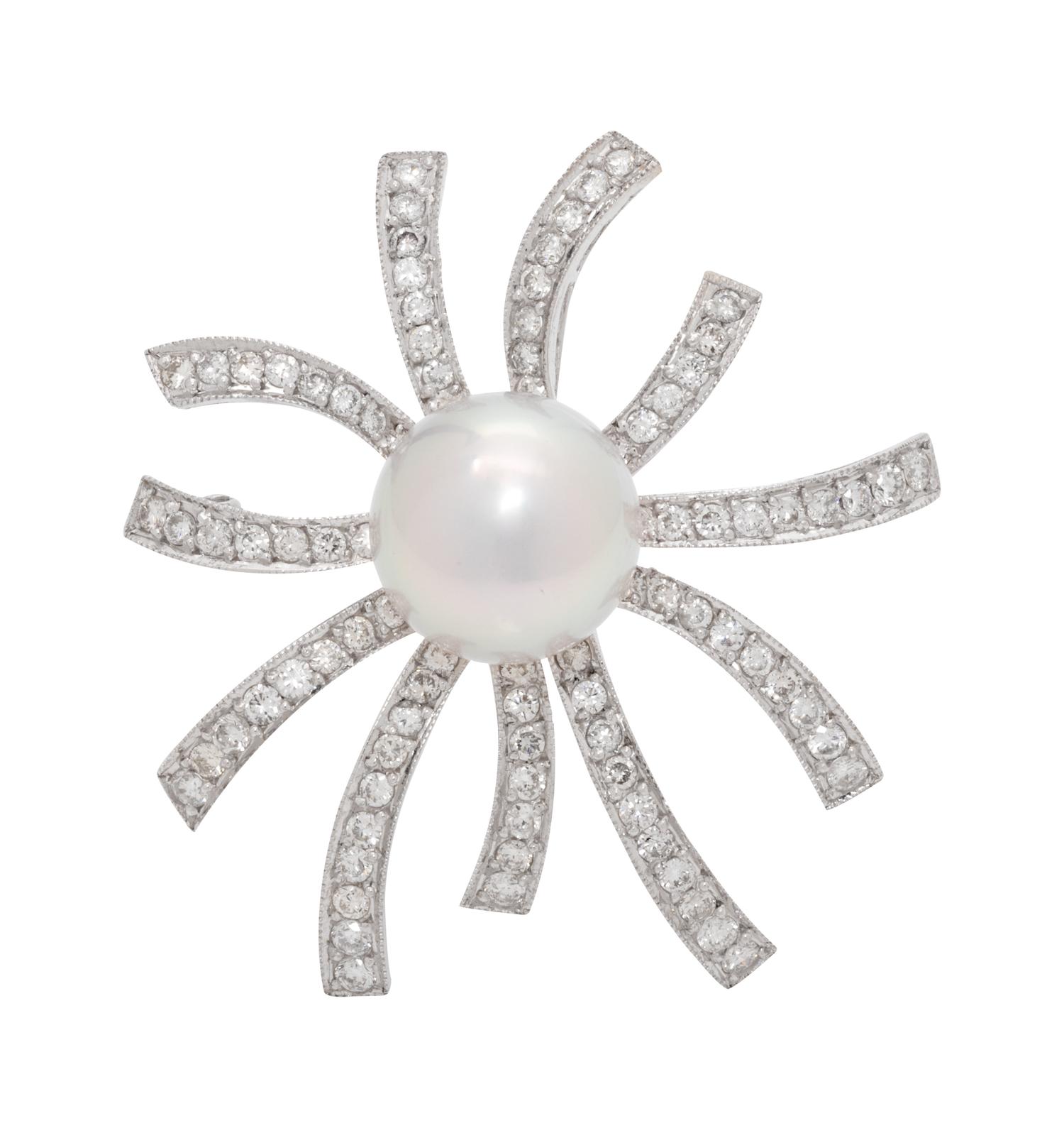 A White Gold, Cultured Pearl and Diamond Brooch,
