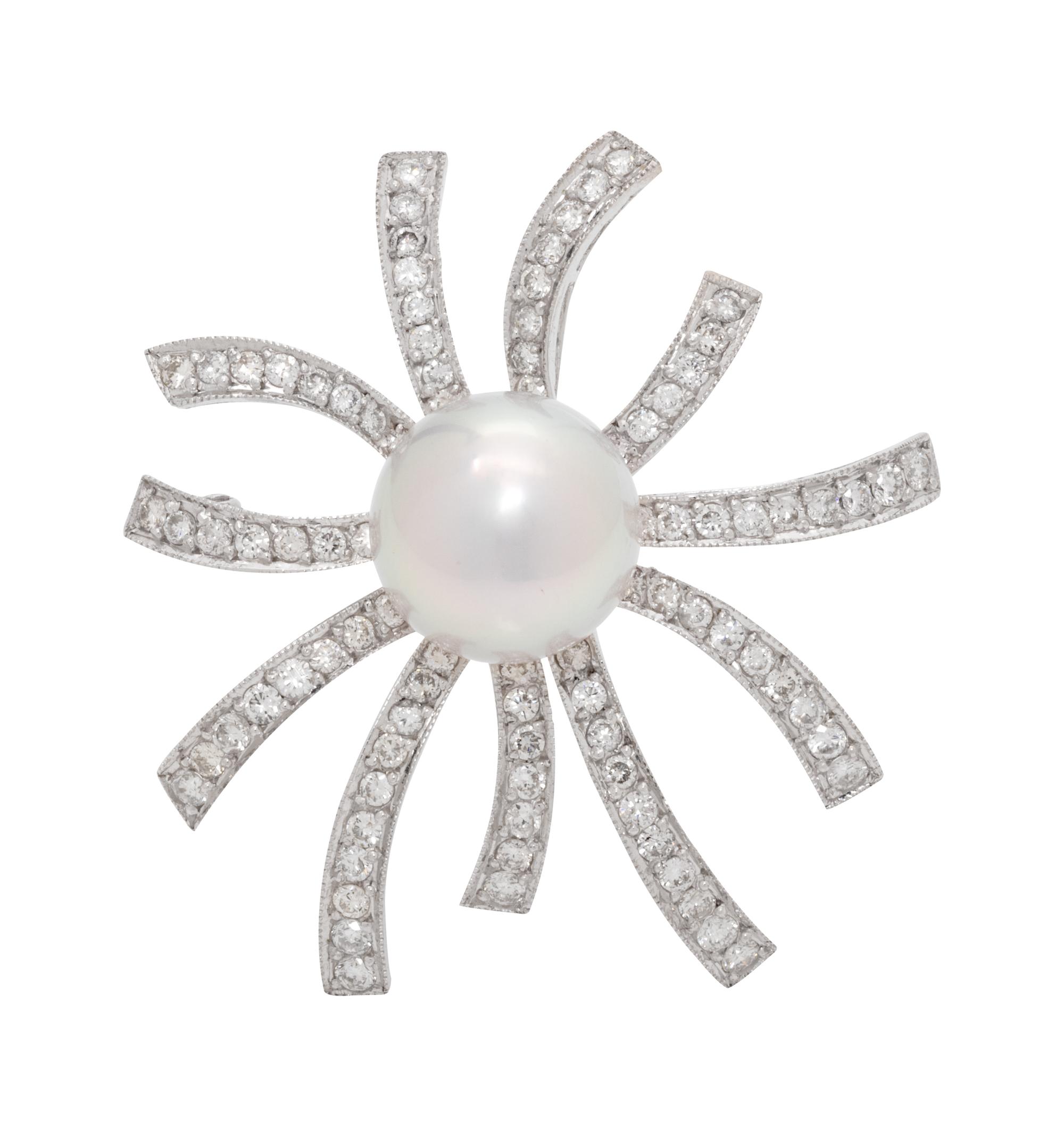 A White Gold, Cultured Pearl and Diamond Brooch,