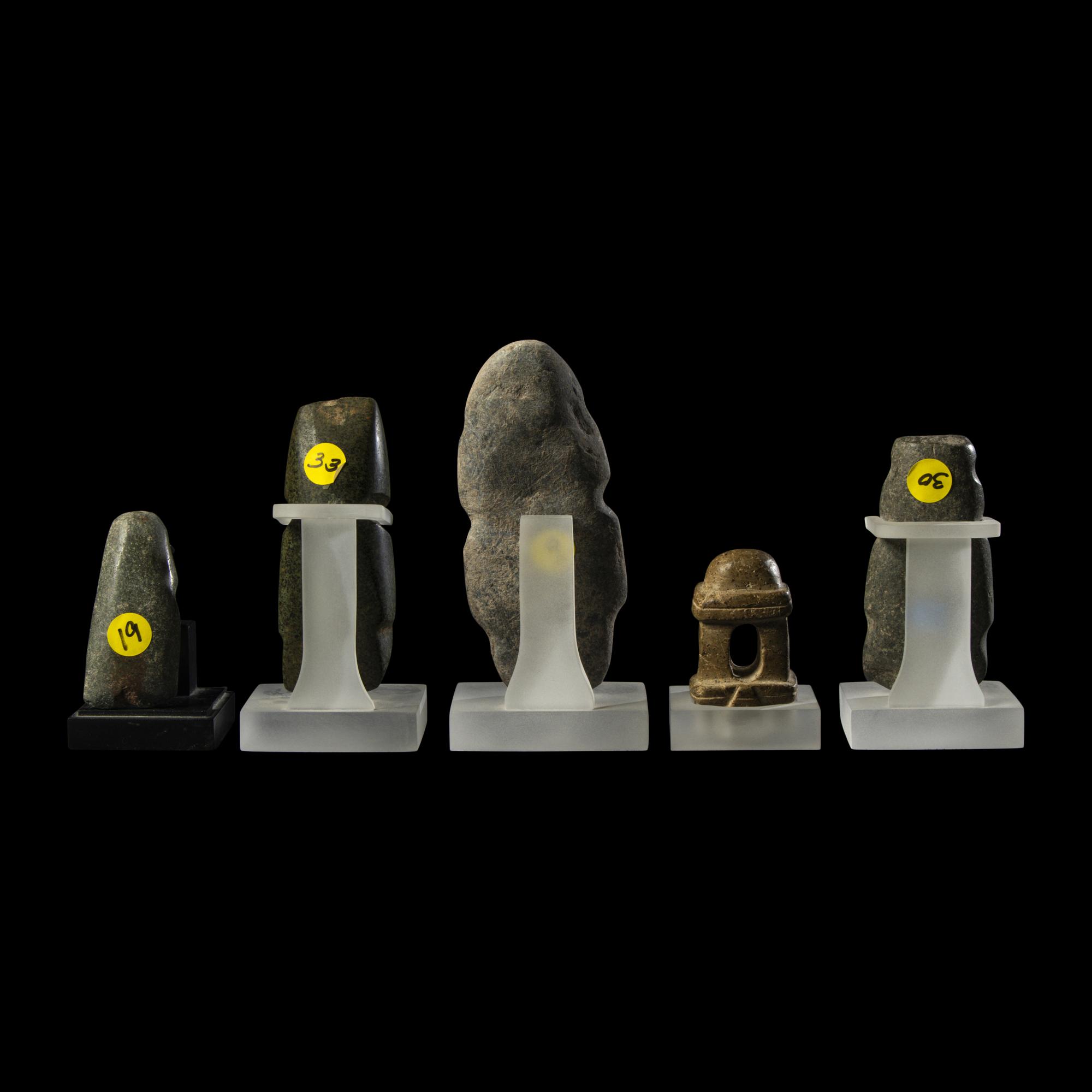 Four Mezcala Greenstone Standing Figures and a Temple