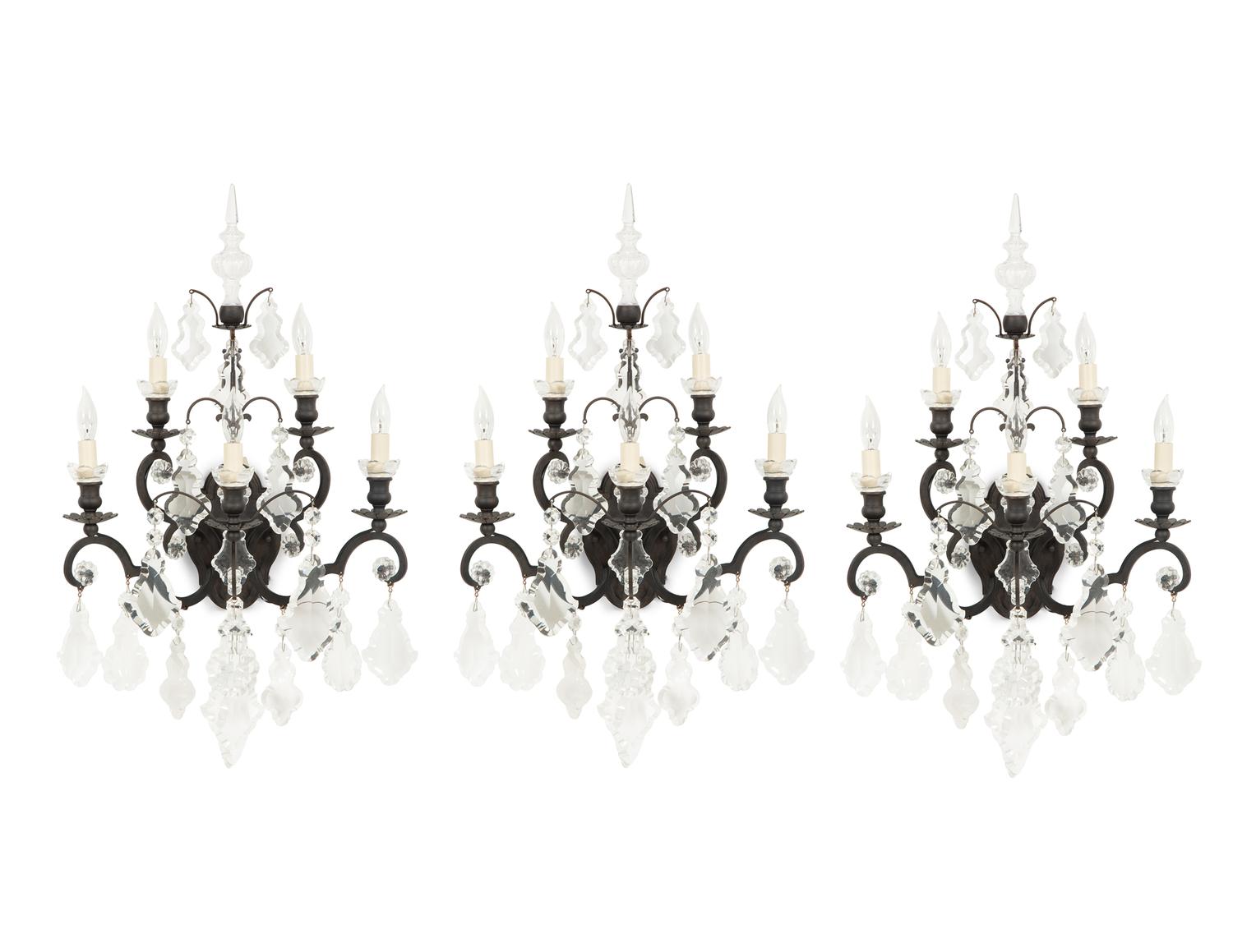 Three Cast Metal and Cut Glass Six-Light Sconces