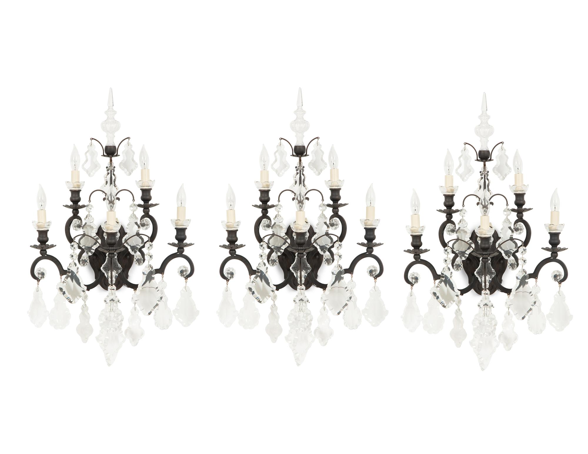 Three Cast Metal and Cut Glass Six-Light Sconces