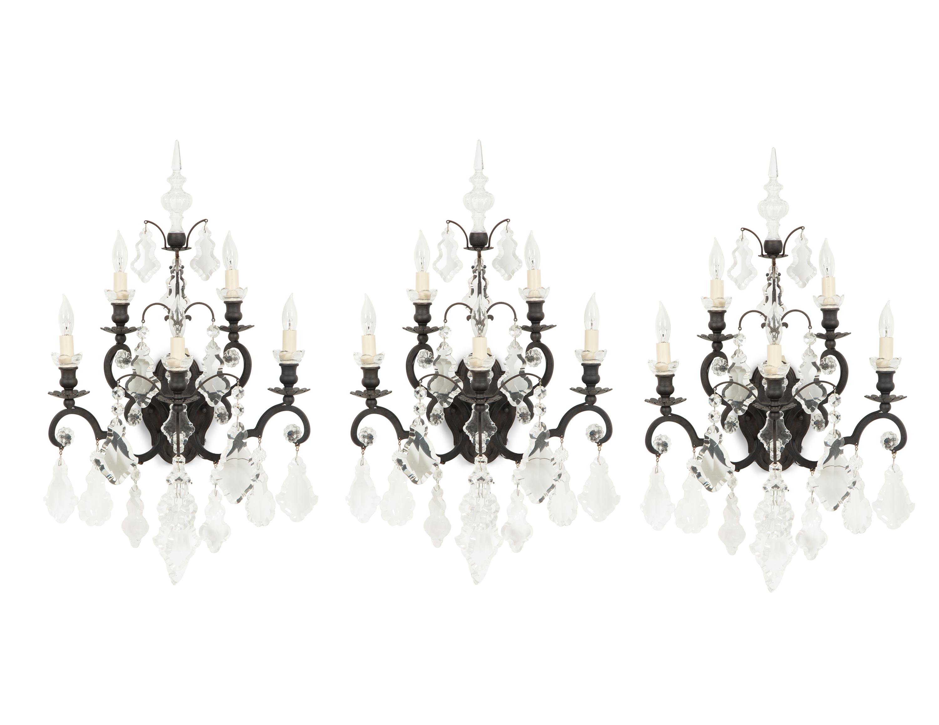 Three Cast Metal and Cut Glass Six-Light Sconces