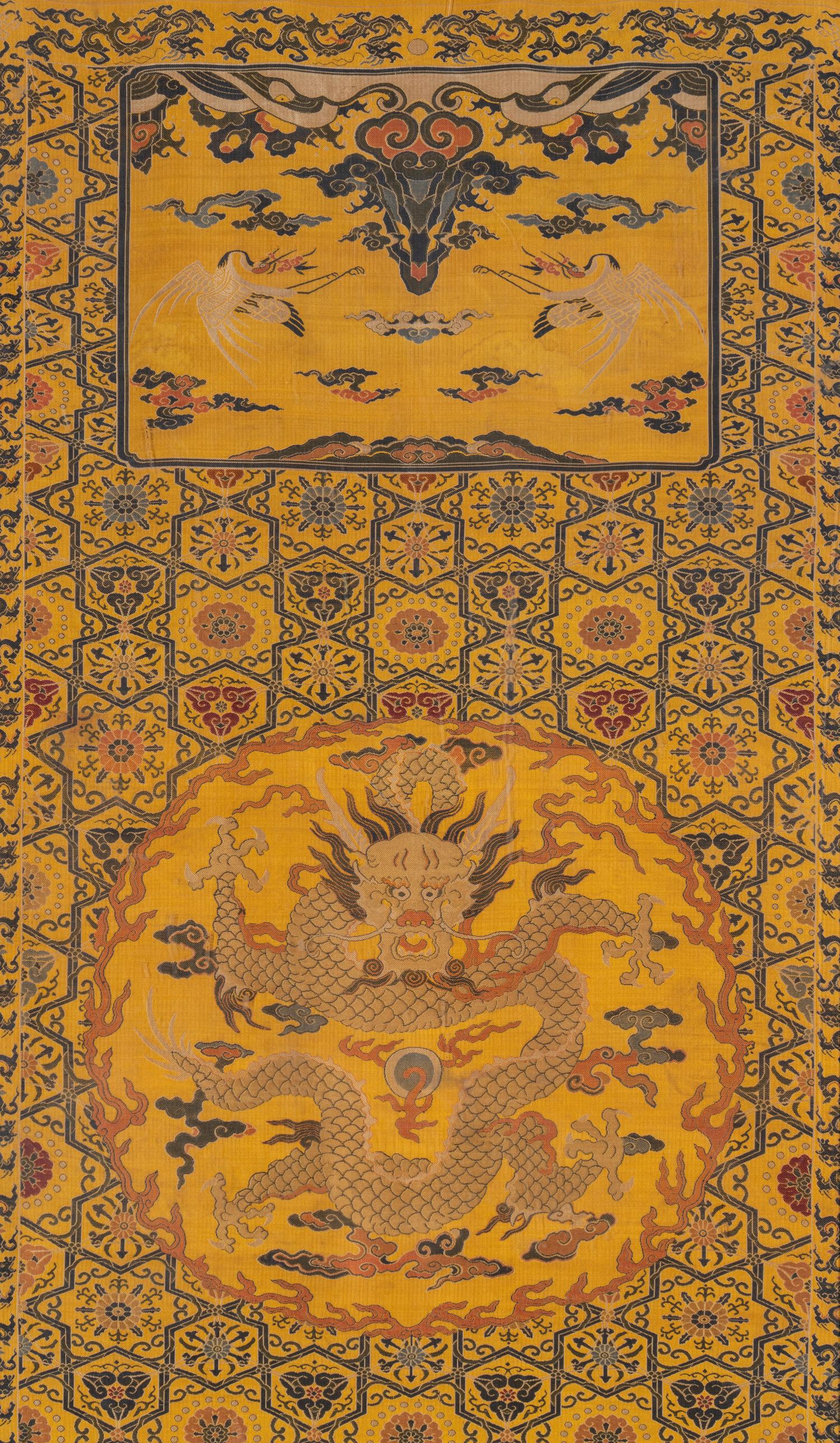 A Pair of Chinese Yellow Ground Brocade Woven 'Dragon' Silk Chair Covers