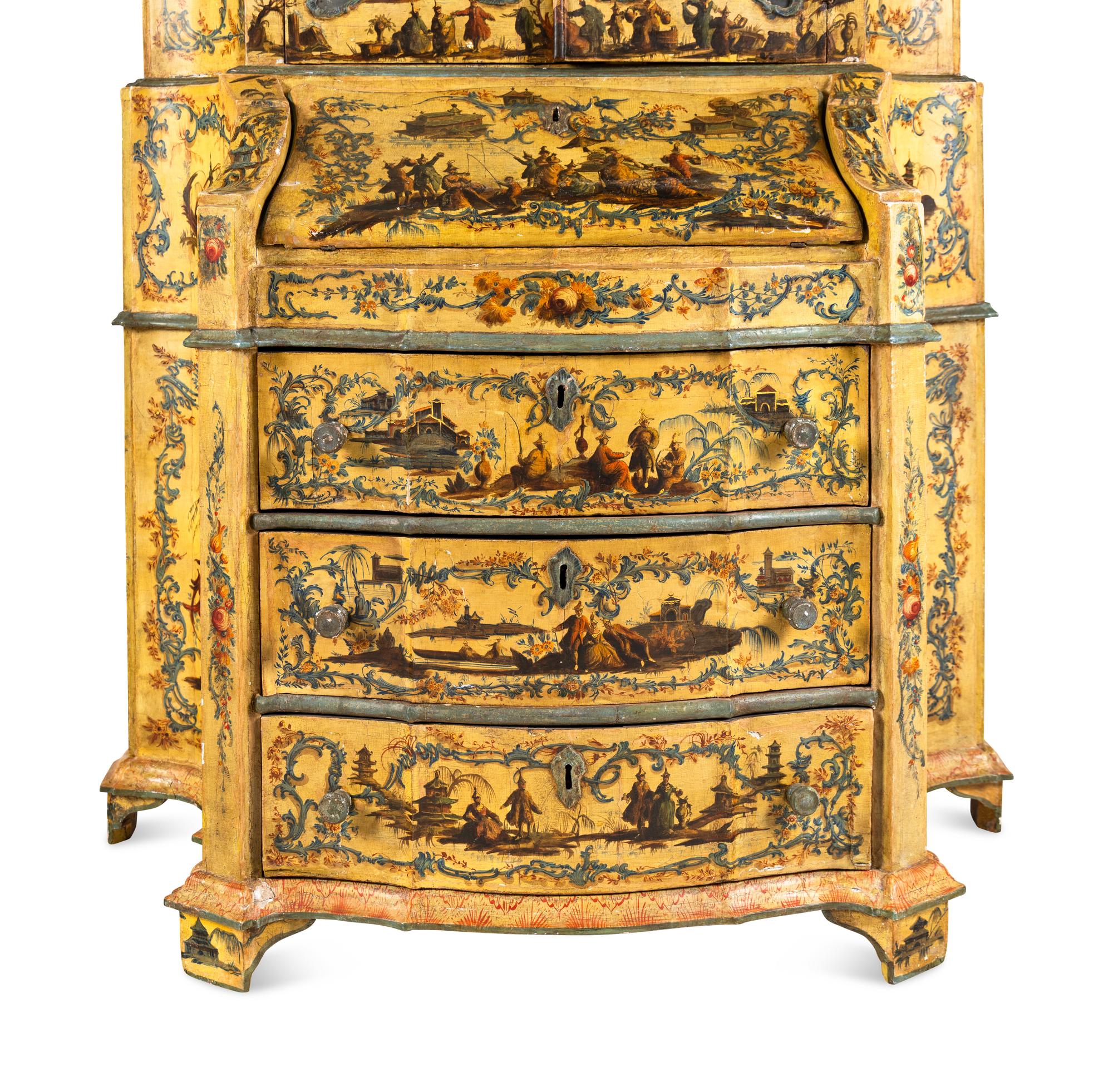 An Italian Baroque Style Cream and Polychrome Painted Bureau Cabinet